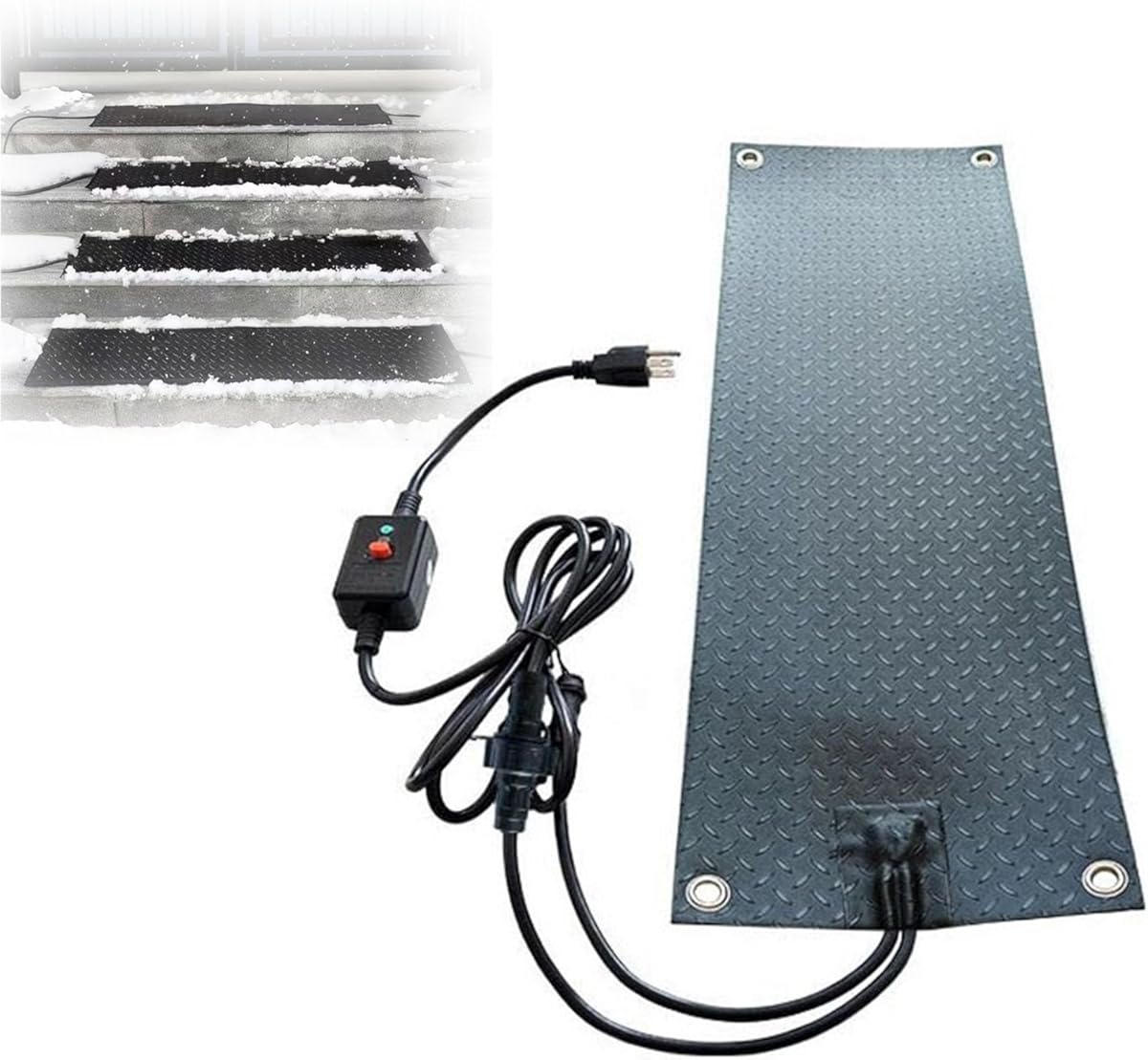 Non Slip Ice Heated Rubber Mat, Outdoor Snow Melting Mats for Cars Driveway Deck Walkway Stairs, Black Heated Snow Ice Melting Pads with 6.5 Ft Power Cord, 2inch/H Melting Rate(5 Pcs,30x72in)