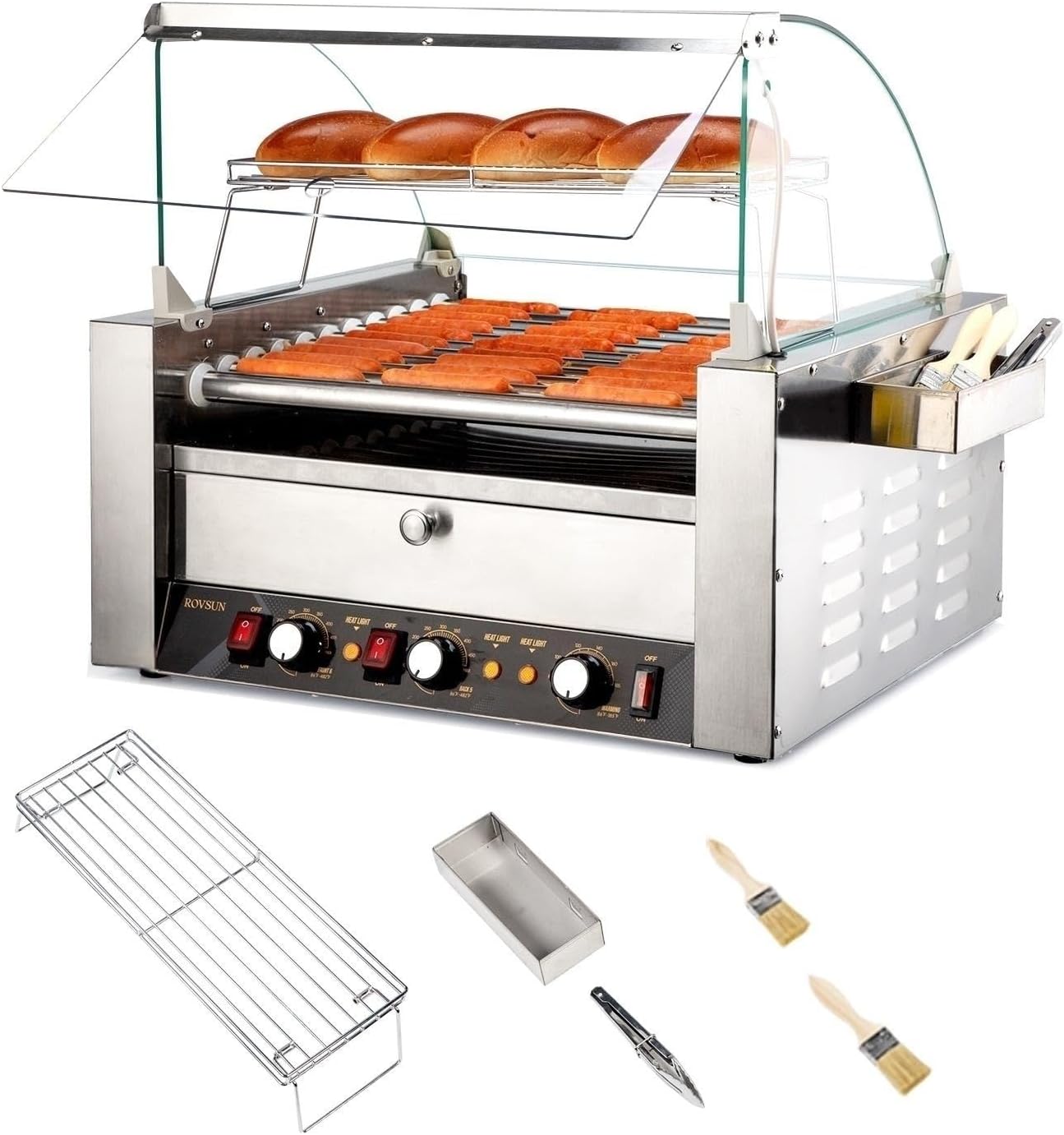 ROVSUN Hot Dog Roller Warmer 11 Rollers 30 Hot Dogs ETL, Hot Dog Grill Cooker Machine w/Bun Warmer, Cover, Dual Temp Control, LED Light, Removable Shelf & Drip Tray for Party Home Commercial 2000W
