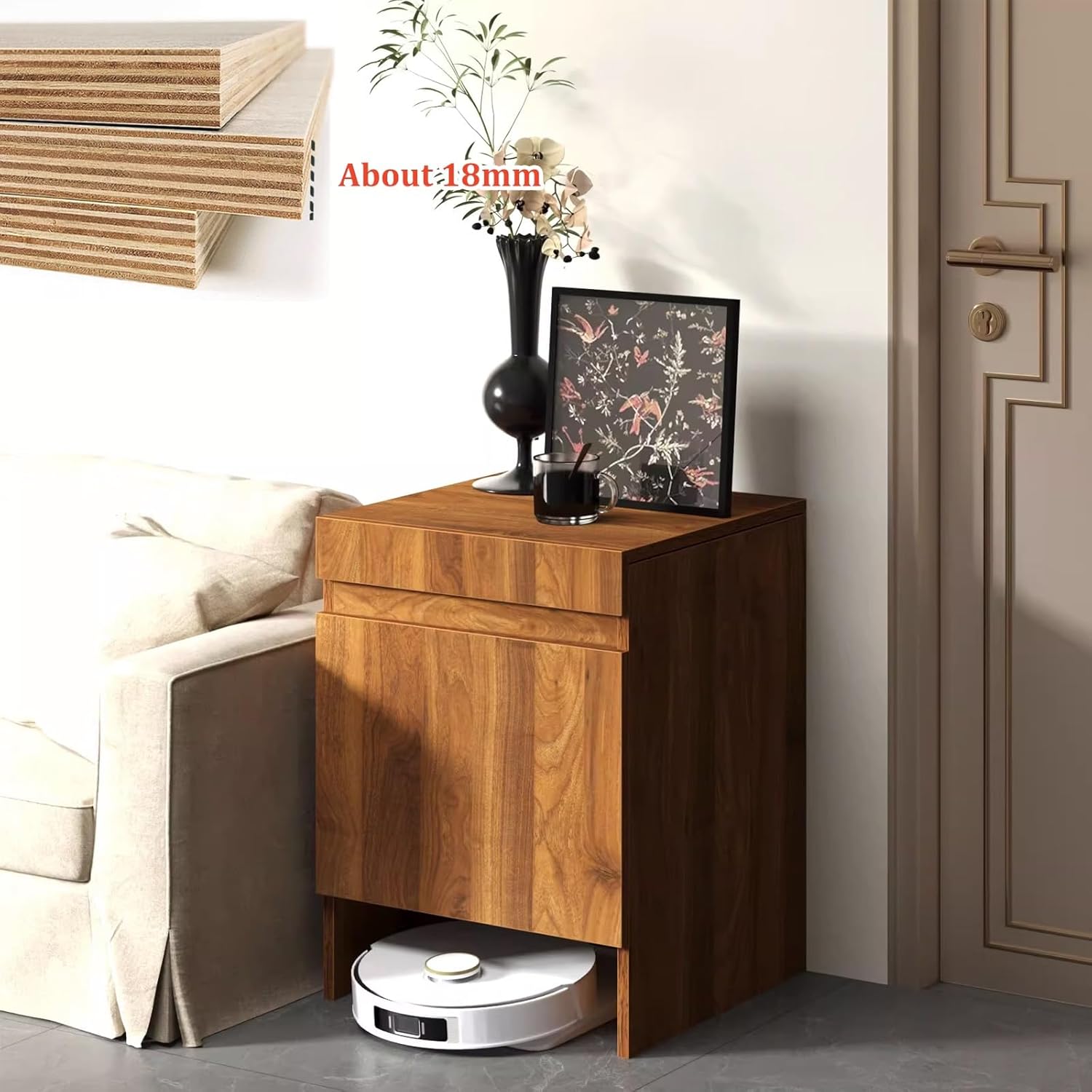 Robot Vacuum Storage Cabinet, 1.8mm Thick Wood Black/White/Brown, Pull-Out Top Shelf with Silent Rails, Soft Close Door, Space-Saving for Living Room Office Laundry Room(Natural)