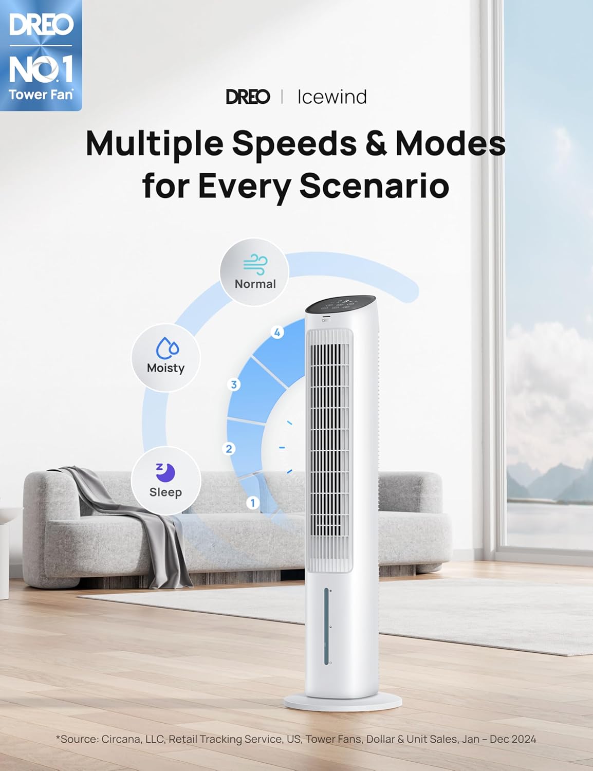 Dreo Evaporative Air Swamp Cooler, 40” Standing Fans that Blow Cold Air, 80° Oscillating Bladeless Cooling Fan for Bedroom, Removable Water Tank, Ice Packs, Remote Control, 4 Speeds, 7H Timer, White