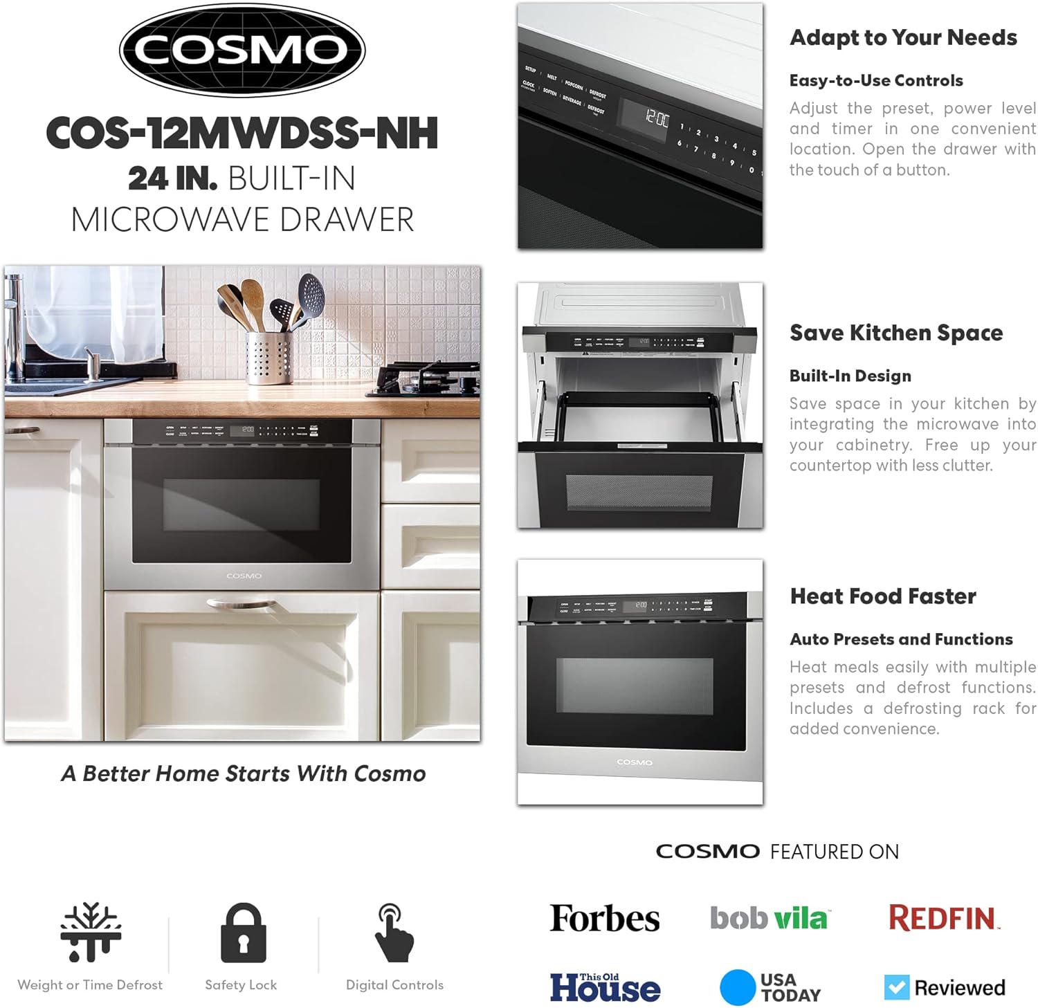 COSMO COS-12MWDSS-NH 24 in. Haven Collection 1.2 cu. ft. Built-in Microwave Drawer, Touch Controls, Defrosting Rack in Stainless Steel