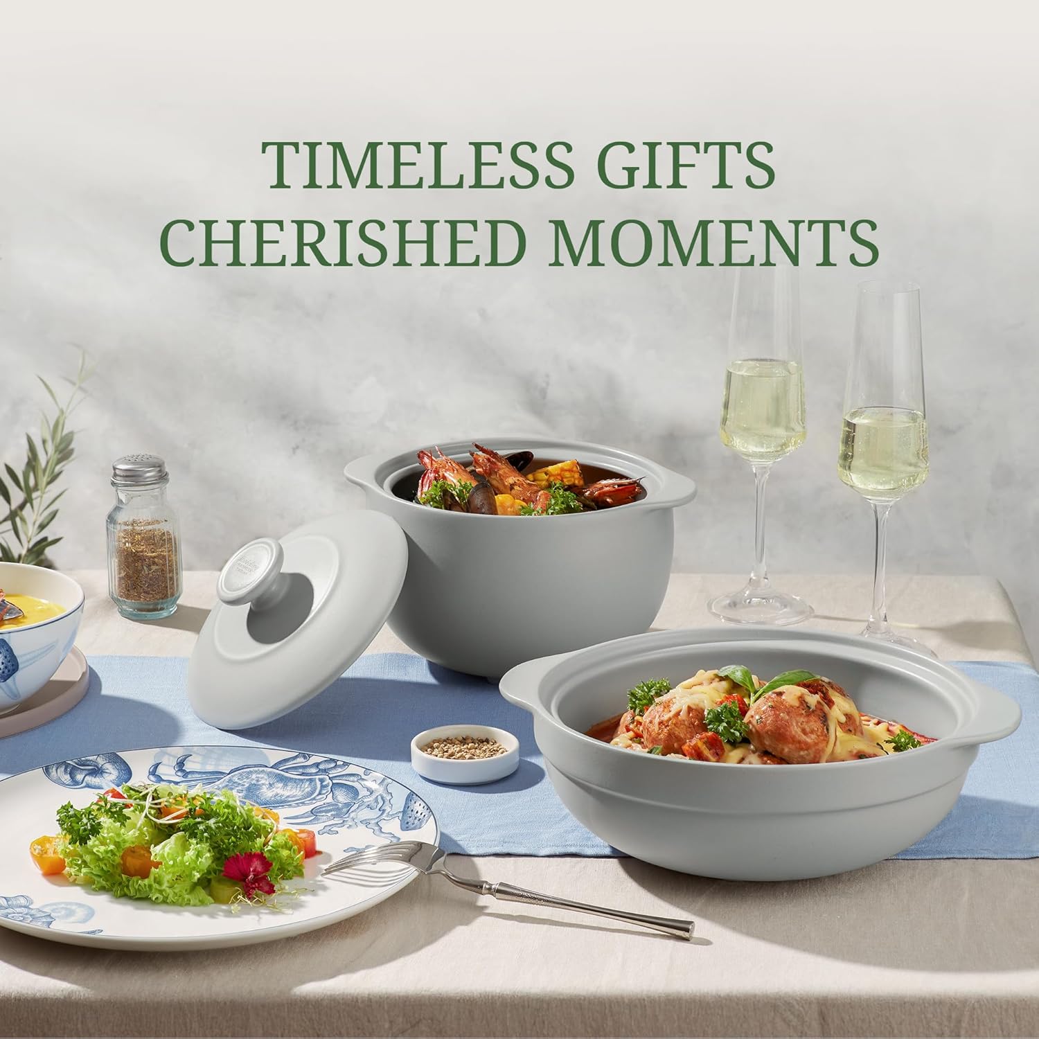 Minh Long 3.17 qt Porcelain Clay Pot for Cooking, Casserole Dish with Lid, Clay Pots for Cooking, Dutch Ovens for Stew, Soup, Steam, Oven & Microwave Safe, Heat Resistant (Vesta, 3.17 qt - Grey)