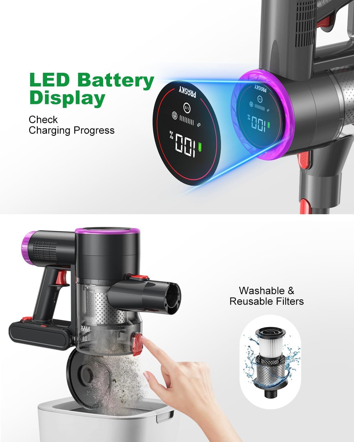 Cordless Vacuum Cleaner, Stick Vacuum Foldable Rechargeable, Powerful Suction Lightweight Vacuum Cleaners for Home,Anti-Tangle,Self Standing for Pet Hair Hardwood Floor Carpet