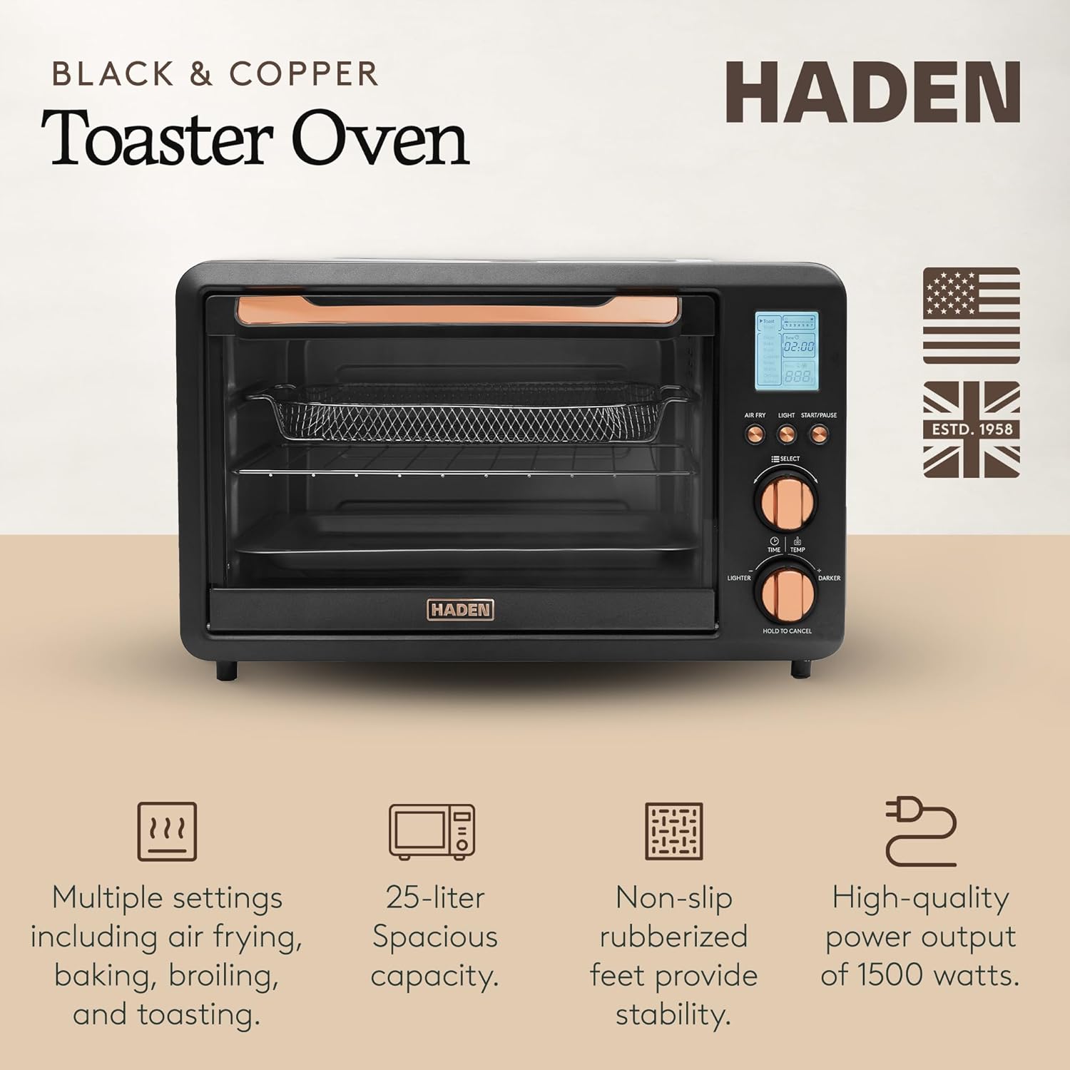 Haden Countertop 6 Slice Toaster Oven Air Fryer Combo for Kitchen, Black/Copper