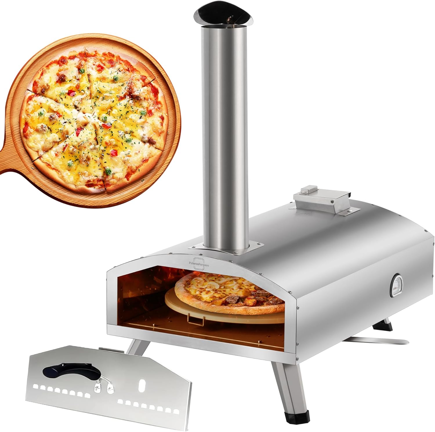 12” Portable Wood Fired Pizza Oven - Stainless Steel Pellet Pizza Stove for Outdoor Cooking, Backyard & Camping