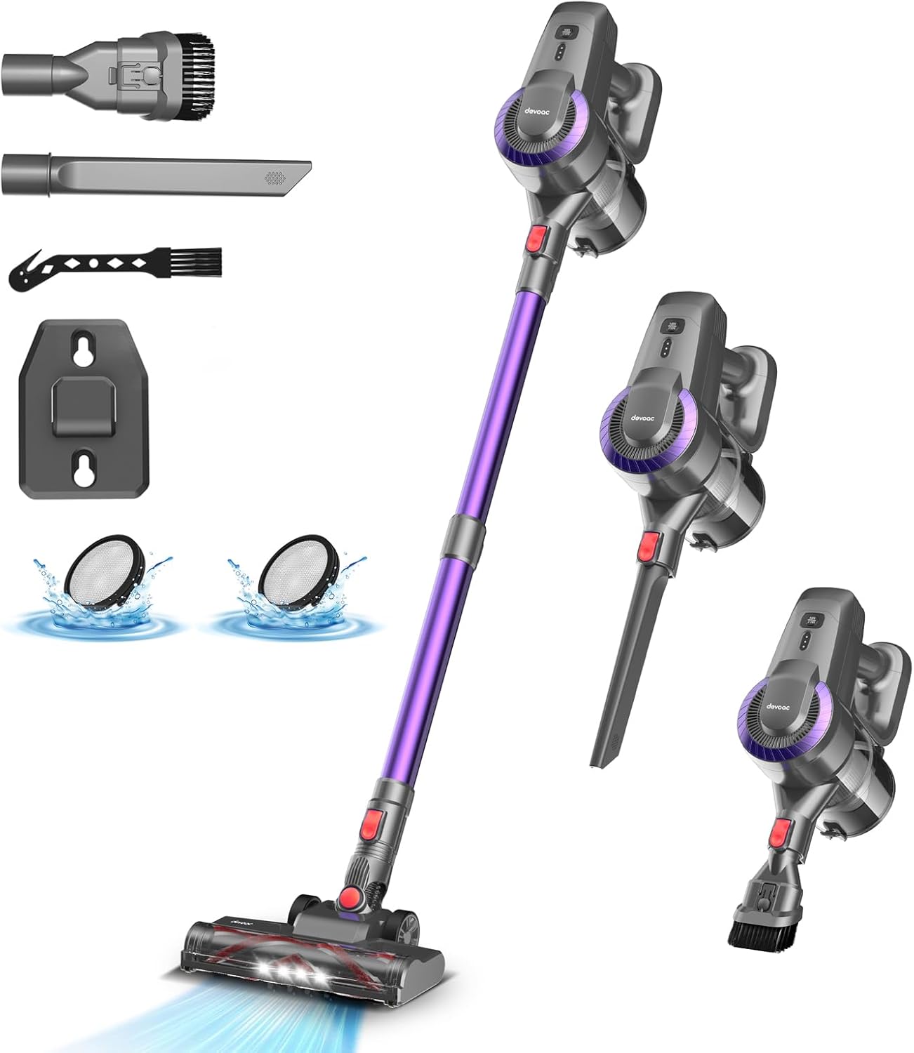 DEVOAC N300 Cordless Vacuum Cleaner, 6 in 1 Lightweight Stick Vacuum, 2200mAh Battery Up to 40mins Runtime, Powerful Handheld Vacuum for Hard Floor Rug Pet Hair Home Dorm (Purple)