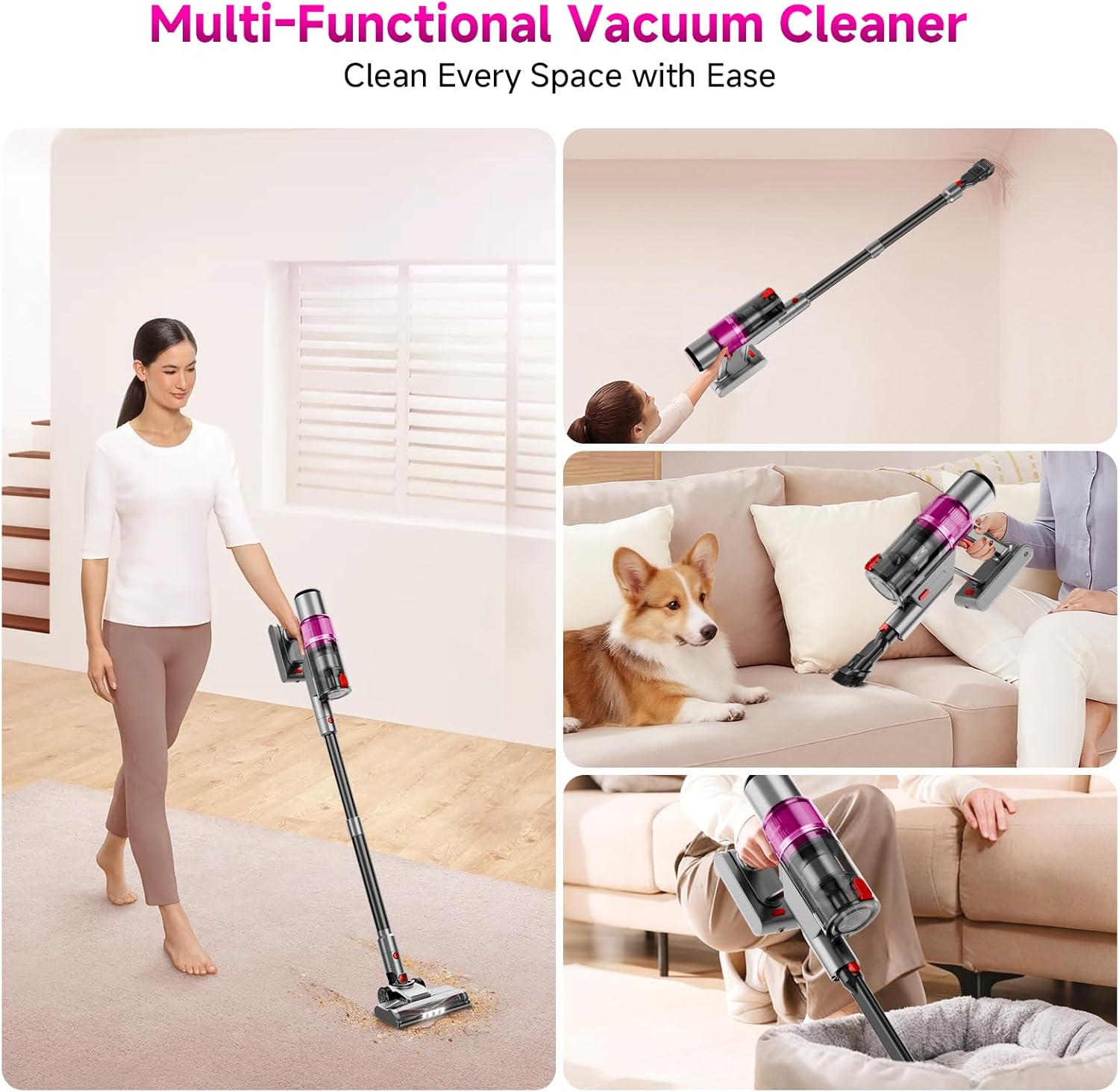 Cordless Vacuum Cleaner, Cordless Stick Vacuum Cleaners for Home, Anti-Tangle Brush, Lightweight, 6-in-1 Rechargeable Vacuum for Pet Hair/Carpet/Hard Floor(Purple)