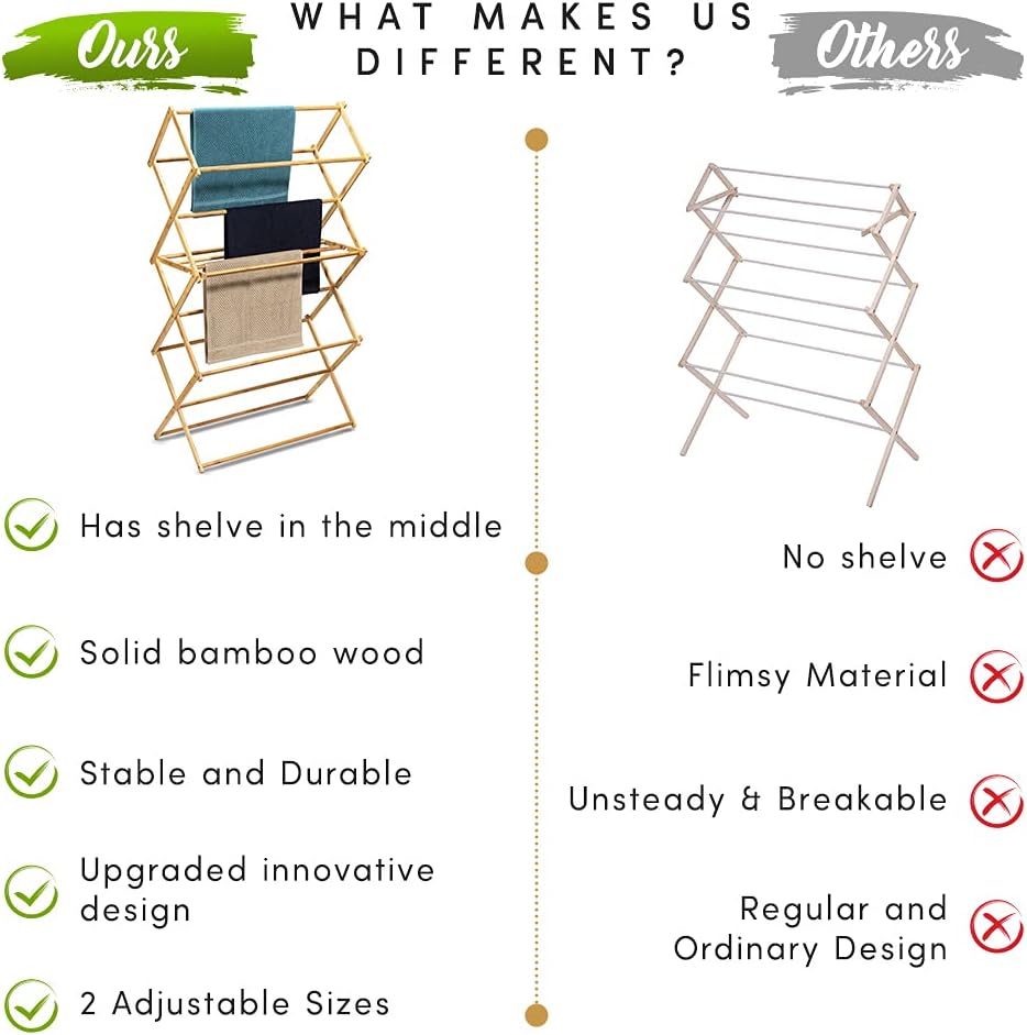 Bartnelli Bamboo Laundry Drying Rack for Clothes, Wood Clothing Dryer, Extreme Stability, Heavy Duty Built, Foldable, Collapsible Space Saving | 2 Size Tiers, Pre-Assembled (X-Large - BDR-552)