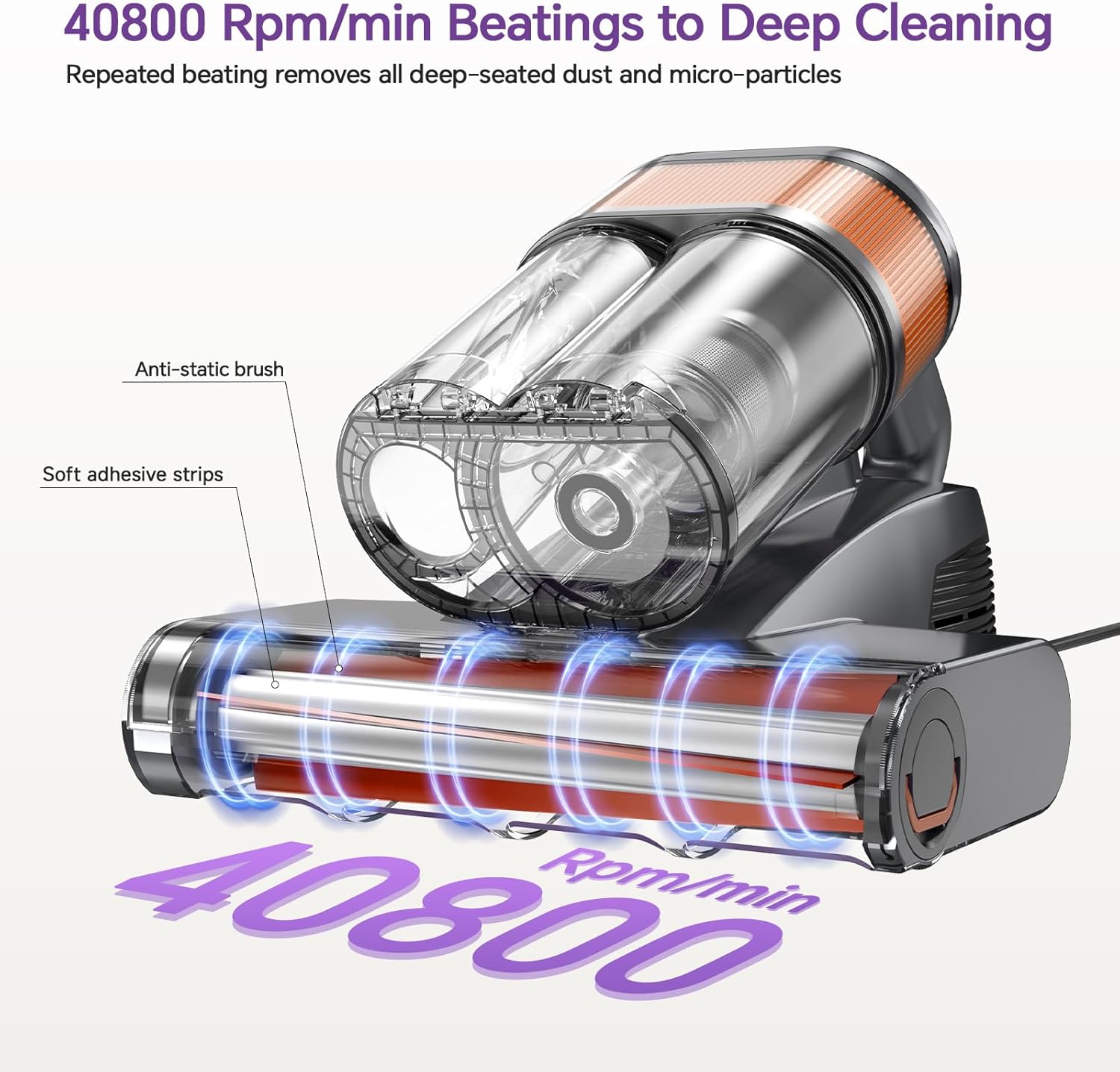 Mattress Vacuum Cleaner - Powerful 16000Pa Suction, UV-C Light, 40800 RPM Beating, and High-Temperature Heating for Deep Mattress and Bed Cleaning (Orange)