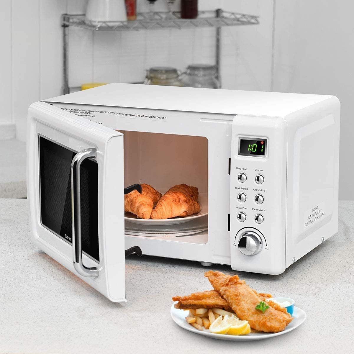 Moccha Retro Microwave, 0.7Cu.ft Compact Microwave, 700-Watt Countertop Microwave Ovens w/5 Micro Power, Delayed Start Function, LED Display, Child Lock, Small Microwave (White)