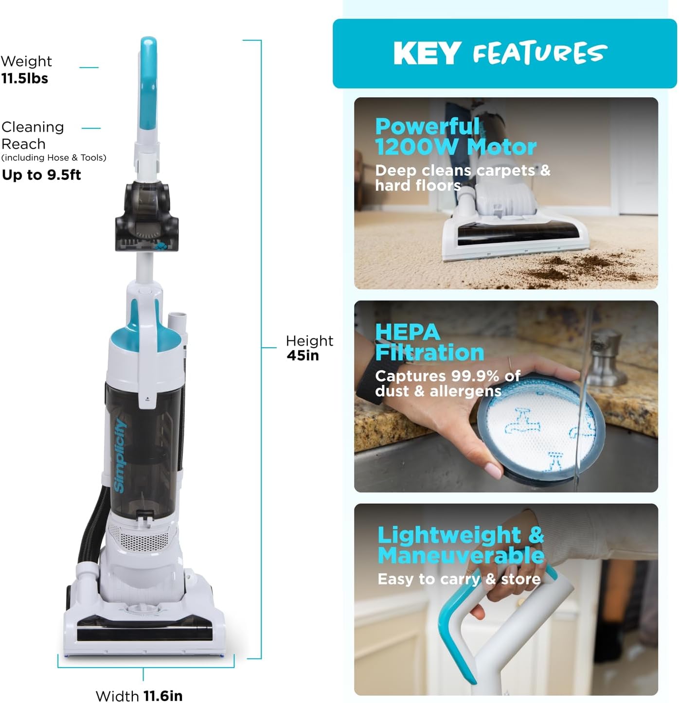 Simplicity Vacuums Pets Pro, Hard Floor and Carpet Vacuum Cleaners for Home Pet Hair, Upright, Bagless Lightweight, Powerful Suction in Homes with Dogs Plus Upholstery, Dust and Crevice Tools, SVPET