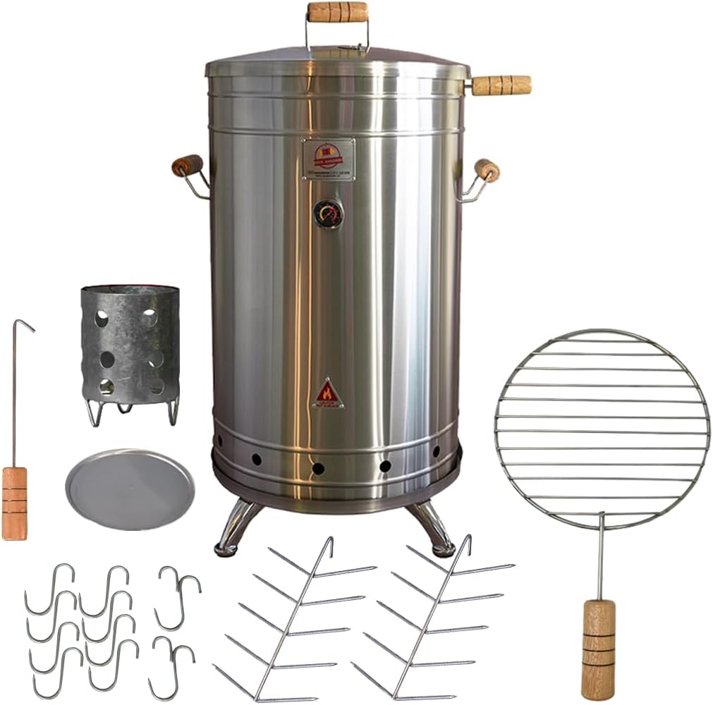 (50 POUND) Premium 304 Stainless Steel Barrel Smoker Grill 2-in-1 – Compact Charcoal Vertical BBQ with Thermometer & Ventilation System – Complete Accessories Kit – Portable for Outdoor & Camping.