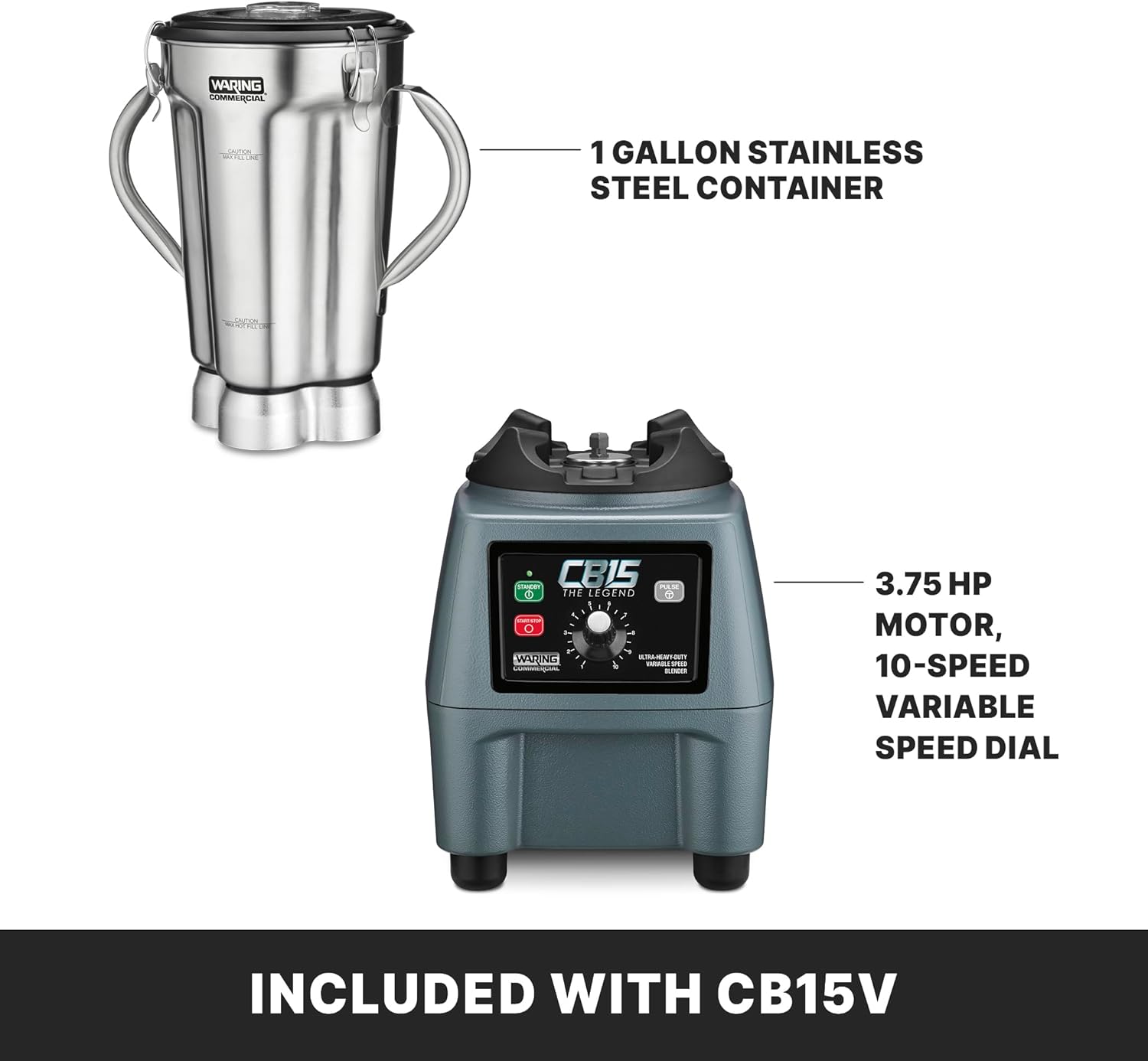 Waring Commercial CB15V Ultra Heavy Duty 3.75 HP Blender, Electric Touchpad Controls with Variable Speed, Stainless Steel 1 Gallon Container, 120V, 5-15 Phase Plug, Black