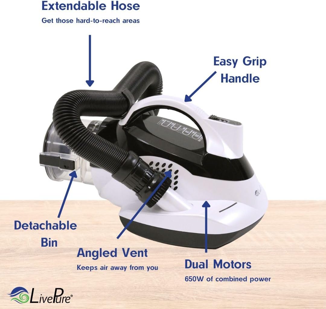 LivePure - Ultramite Handheld HEPA Filter Vacuum & Fabric Sanitizer - Dual Motor Brush, UVC Light, And Anti- Allergen Filter To Remove Dust Mites, Bacteria, Viruses