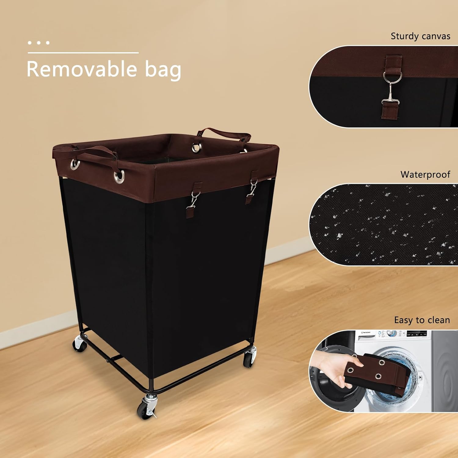 210L Laundry Storage Basket with Wheels, Large Rolling Laundry Hamper Cart with Removable Waterproof Laundry Bag, Dirty Clothes Basket for Hotel, Home, Closet, Dorm (Black)