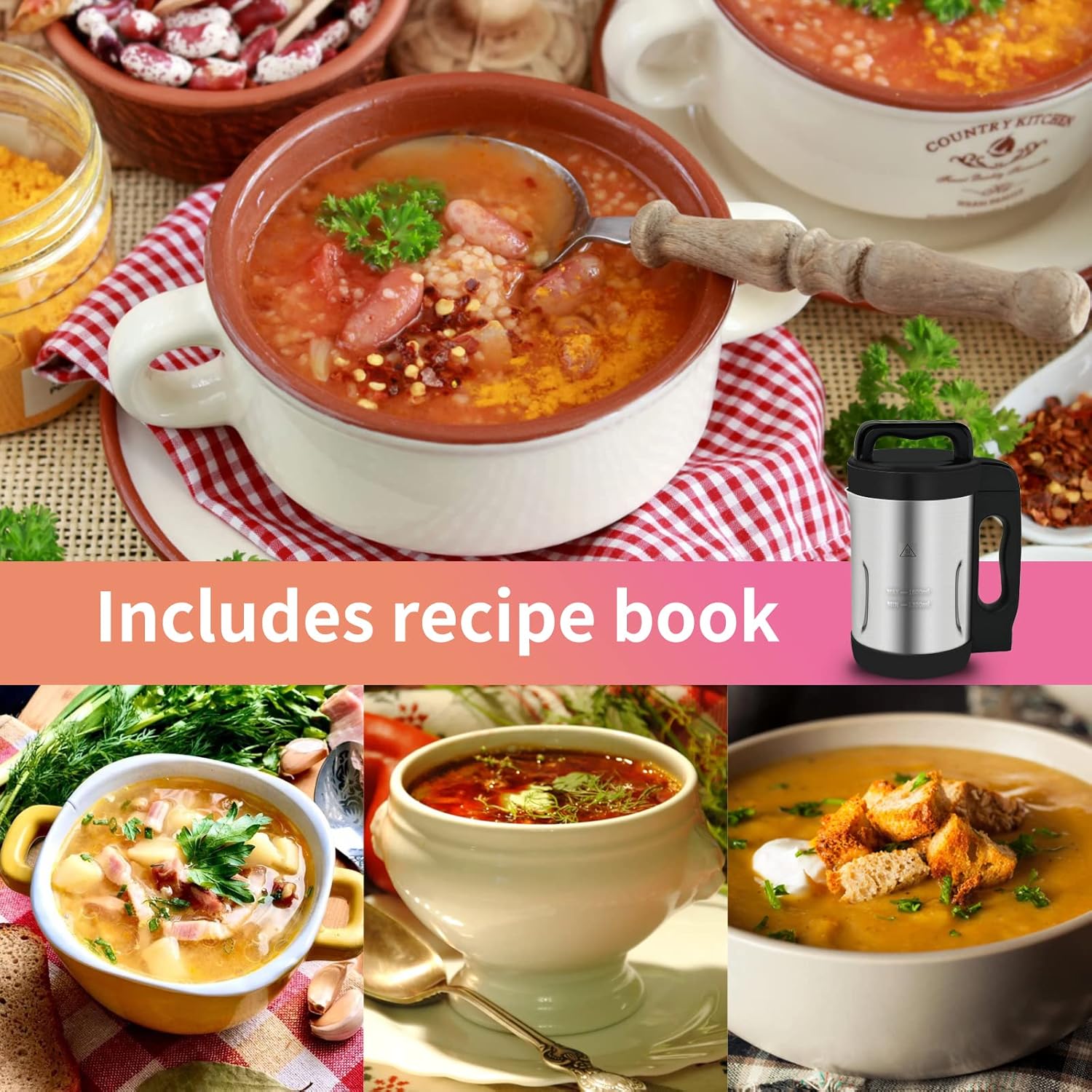 Soup Maker 2 L, Makes 4-6 Servings, Soup Maker Machine with 6 Preset Programs, Electric Soup Machine Automatic Heating and Blending for Purées, Baby Foods, Smoothies, Stainless Steel