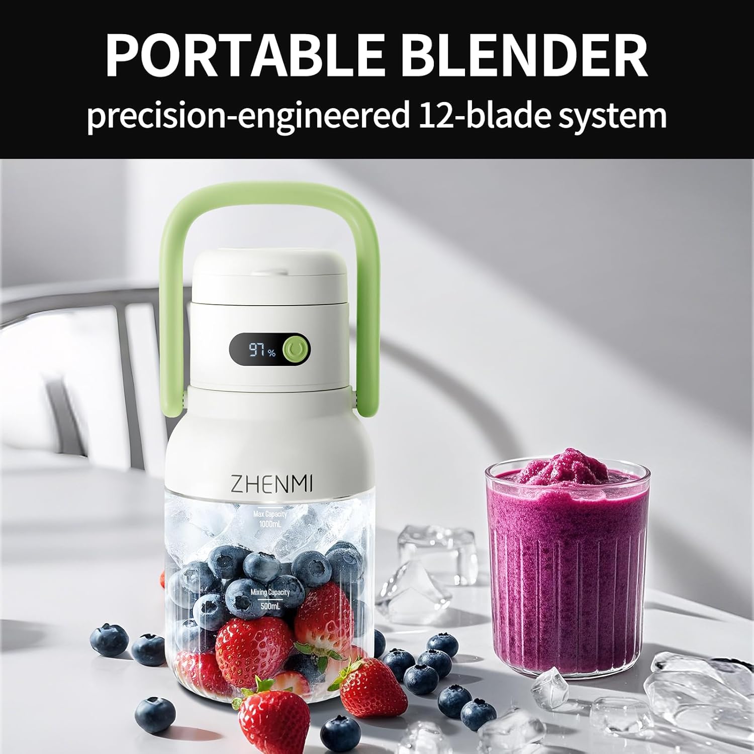 Portable Blender, 1000ml Capacity, Stainless Steel 12-Blade System, Portable Ice Crushing Juicer-for Shakes & Smoothies, BPA Free, 2 Leakproof-Lids & Straw, USB Rechargeable (green)