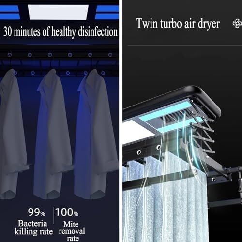 Ceiling Electric Clothes Dryer with Remote Control & LED Light, 35kg Load, Adjustable Height, Indoor Towel & Laundry Rack, 20 Hanging Holes, Quiet Operation(Black)