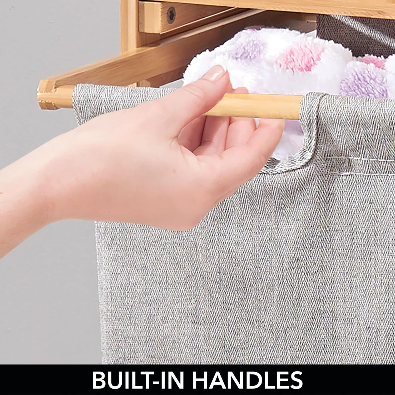 mDesign Freestanding Bamboo 2 Section Double Laundry Organizer Hamper with Removable Storage Sorter Bags, Space-Saving Basket Duo with Handles for Clothes/Linens - Echo Collection - Natural/Tan