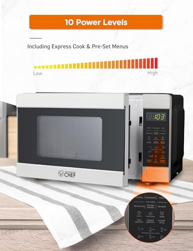 COMMERCIAL CHEF 0.9 Cu Ft Microwave with 10 Power Levels, Push Button and Child Lock, 900 Watt Microwave with Digital Controls, Countertop Microwave with Timer and Quick-Touch Menu, Stainless Steel
