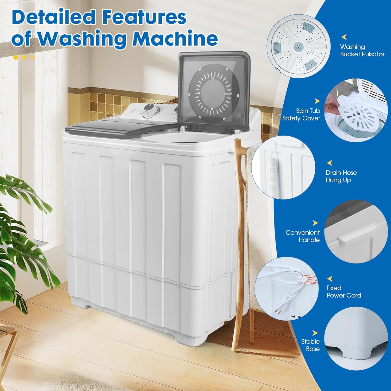 Portable Washing Machine Twin Tub - 14lbs Compact Washer (9,5lbs) and Spinner Dryer (4.5lbs) Combo with Drain Pump - Semi Automatic Washing Machine for Apartments, Dorms, RVs, Camping - Grey
