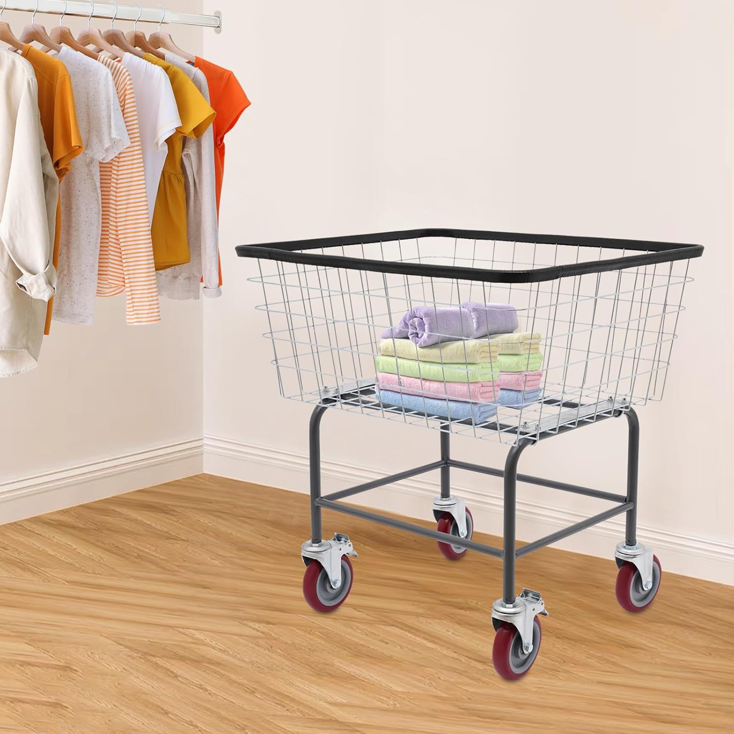 Heavy Duty Steel Wire Laundry Cart with Wheels, Rolling Laundry Basket Galvanized Frame & 4 Casters, Industrial Bumper for Homes, Hotels, Bathrooms, and Commercial Laundries