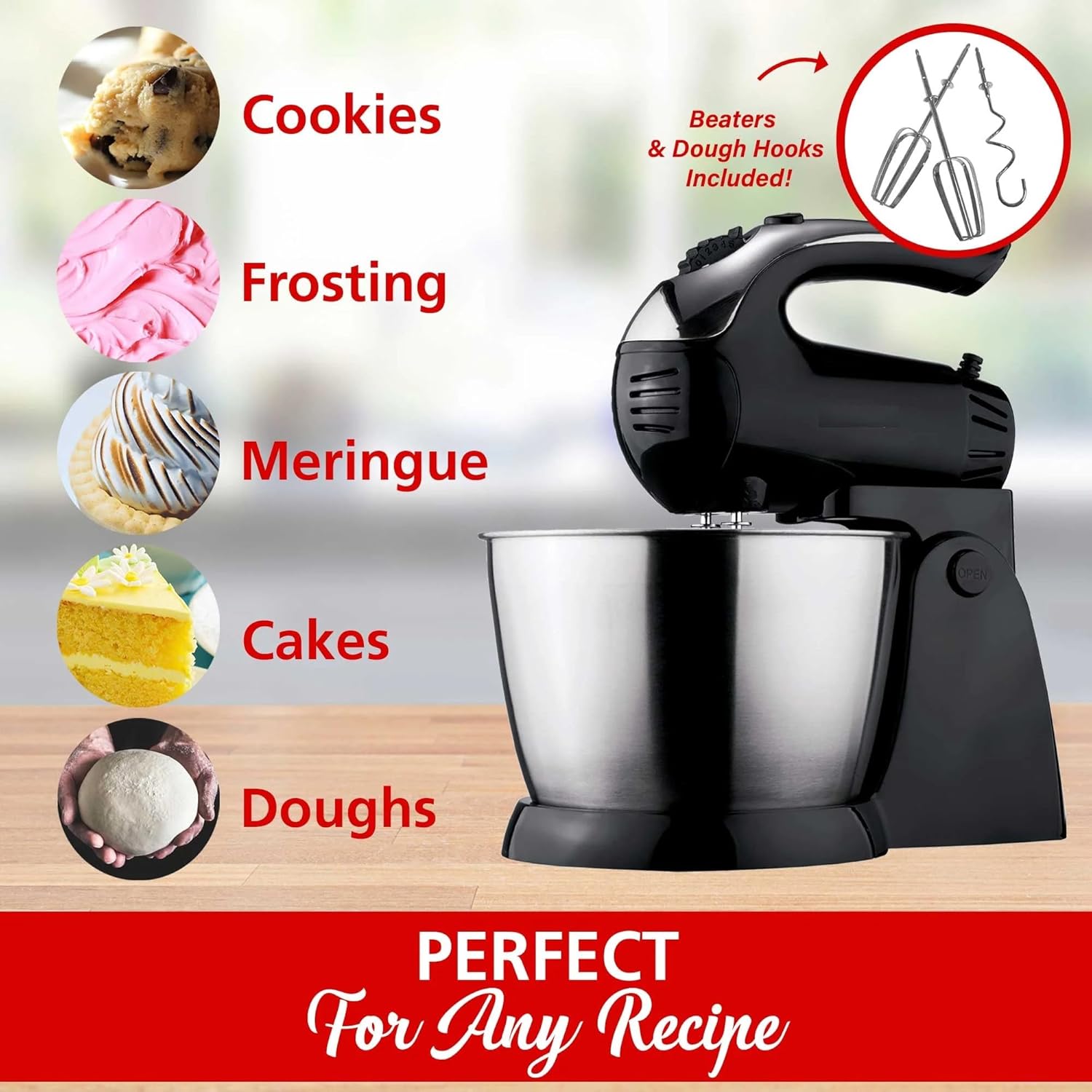 5-Speed Stand Mixer with Stainless Steel Bowl – 200W Electric Mixer with Detachable Hand Mixer for Dough, Batter, and Baking – Compact Kitchen Appliance in Black or White (Black)