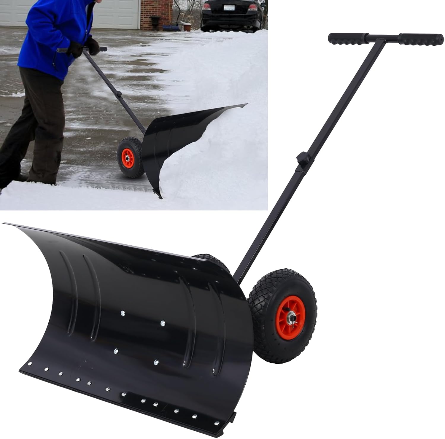 Donext Snow Shovel, 29” Shovel for Driveway with 10” Pneumatic Wheels, Angle Adjustable Blade & Handle, Handle for Driveways, Sidewalks, Ice Hockey Rinks, Black