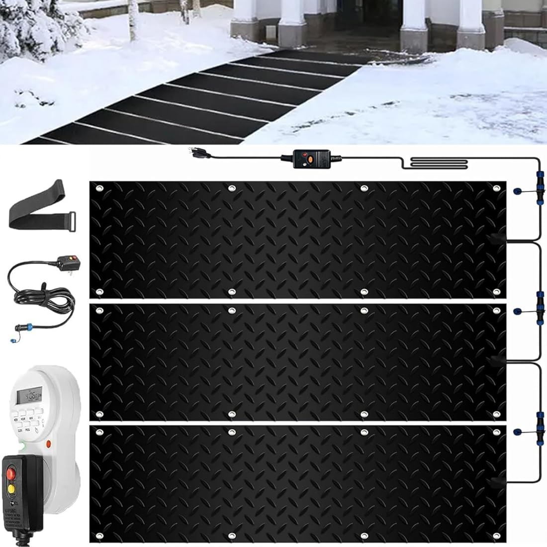 Outdoor Heated mat Walkway Snow Melting mats with Timer, 1/2/3/4/5 Pcs Outdoor Stairs- Non-Slip Winter Removal and Ice Melt Products -Heating Entrance with Power Co(3 Pcs-10x48in/(25.4x120cm))
