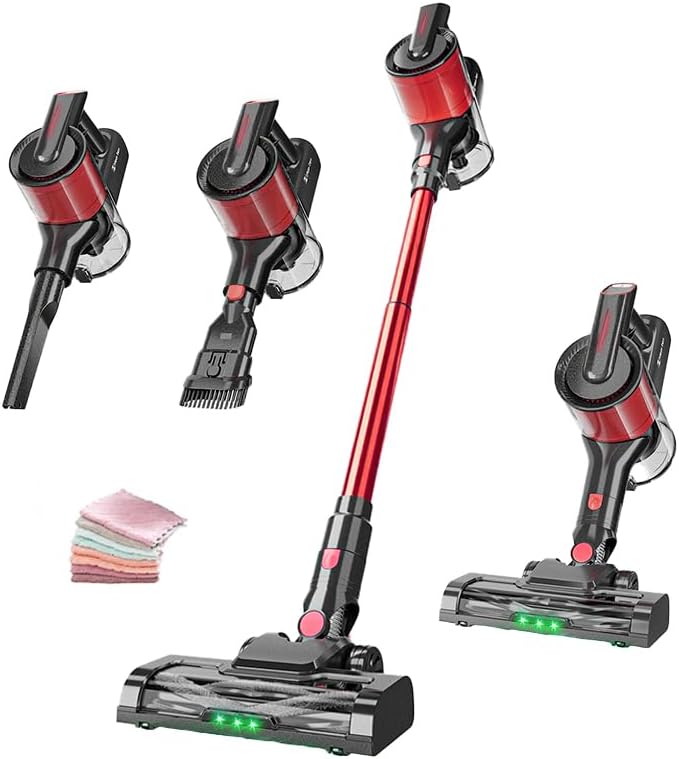 Hearten Cordless Stick Vacuum Lightweight Cleaner 45 Mins Runtime for Home Pet Hair Carpet Hardwood (RED, Normal)