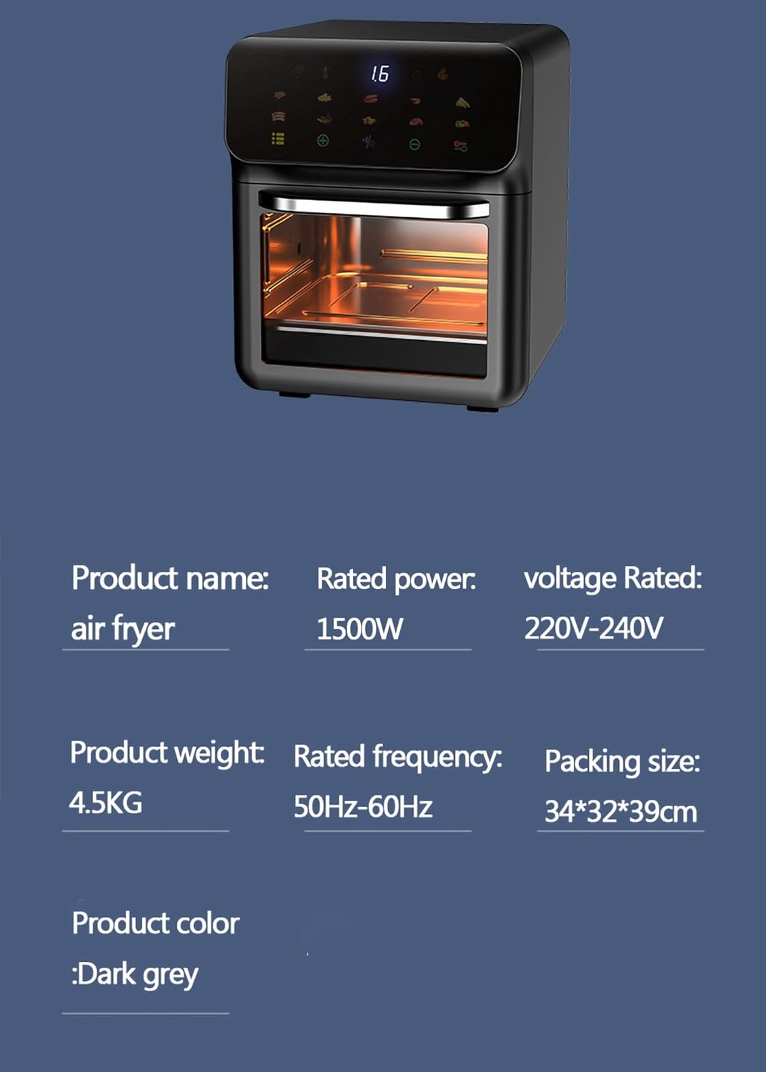 Convection Oven with Built-in baking light, 1500W 16L Air Fryer Combo for Grill/Pizza/Baking/Dried Fruit, Top and bottom triple bake, 60min free timer