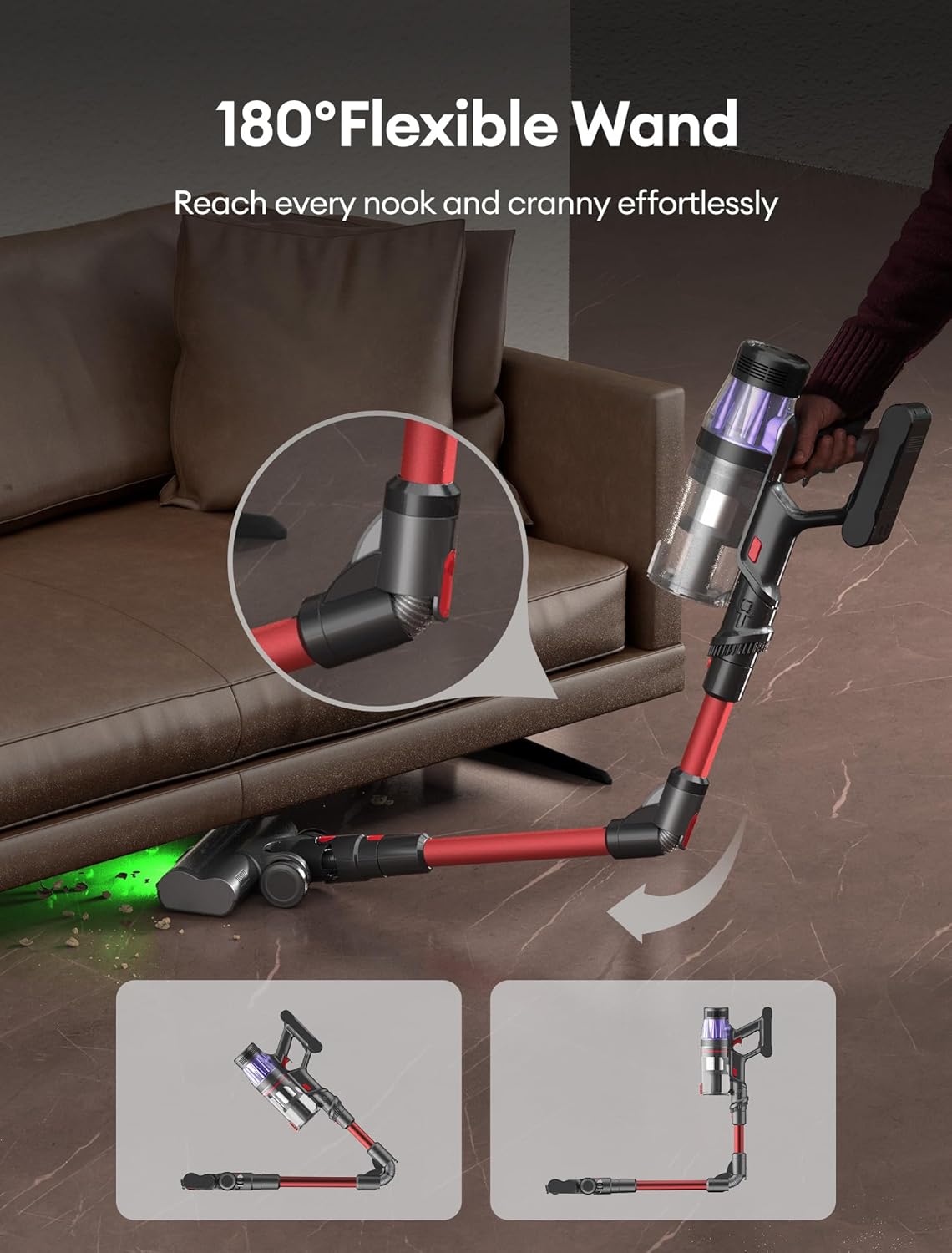 Ultenic Cordless Vacuum Cleaner, 550W/50Kpa, 60Mins Runtime, Stick Vacuum Cordless Rechargeable with 180°Bendable Wand, Anti-Tangle Brush, Vacuum Cleaners for Home/Pet Hair/Carpet/Floor U16