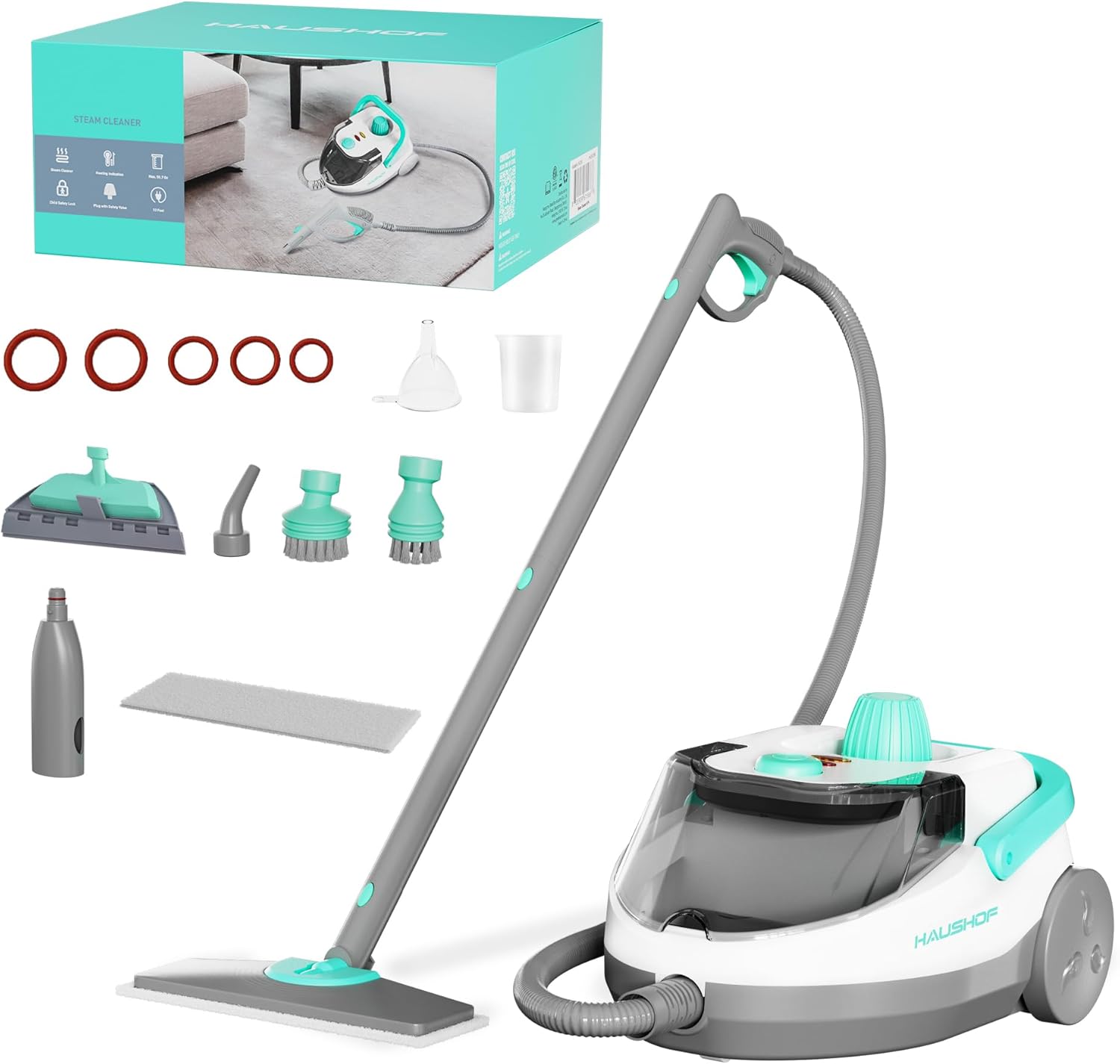 HAUSHOF Steam Cleaner, 1500W Powerful Steam Cleaner for Home with 19 Accessories & 51Oz Water Tank, Chemical-Free Multipurpose Portable Steambot for Floor, Tile, Grout, Couch, Window & Car