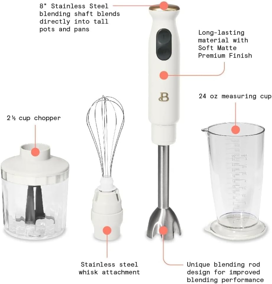 Beautiful 2-Speed Immersion Blender with Chopper & Measuring Cup, Stainless Steel Shaft, Quiet 250W Motor, Cornflower Blue Finish, Dishwasher Safe, Includes Whisk & 24 oz Beaker (White Icing)