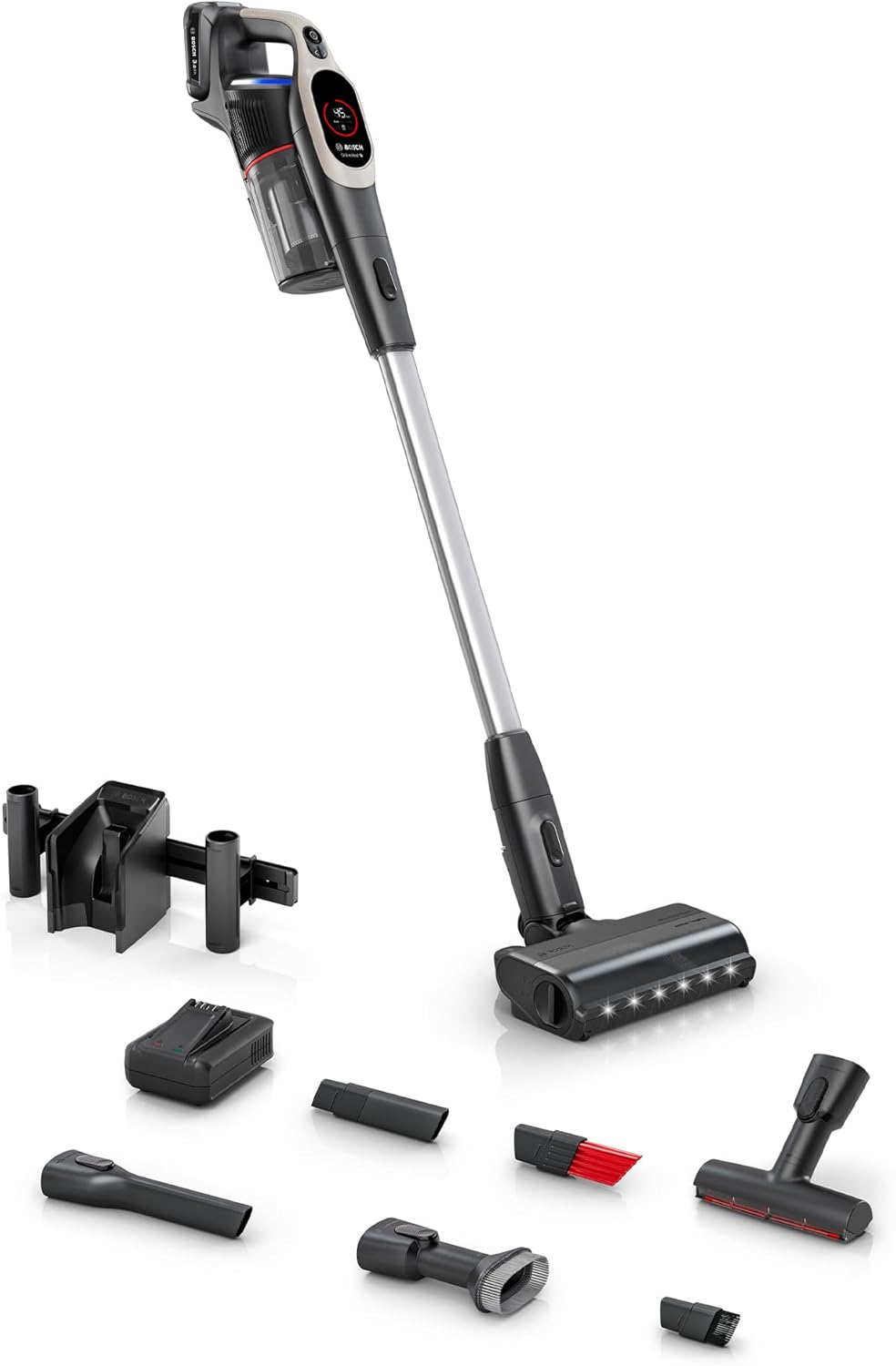 Bosch Unlimited 9 Cordless Vacuum, >99.9% Dust Pick-up, 60min Runtime, Fast Charger, +6 Extra Accessories, Dust Compression Avoids Dust Clouds, HEPA Filter, for Carpet, Hardwood, & Upholstery