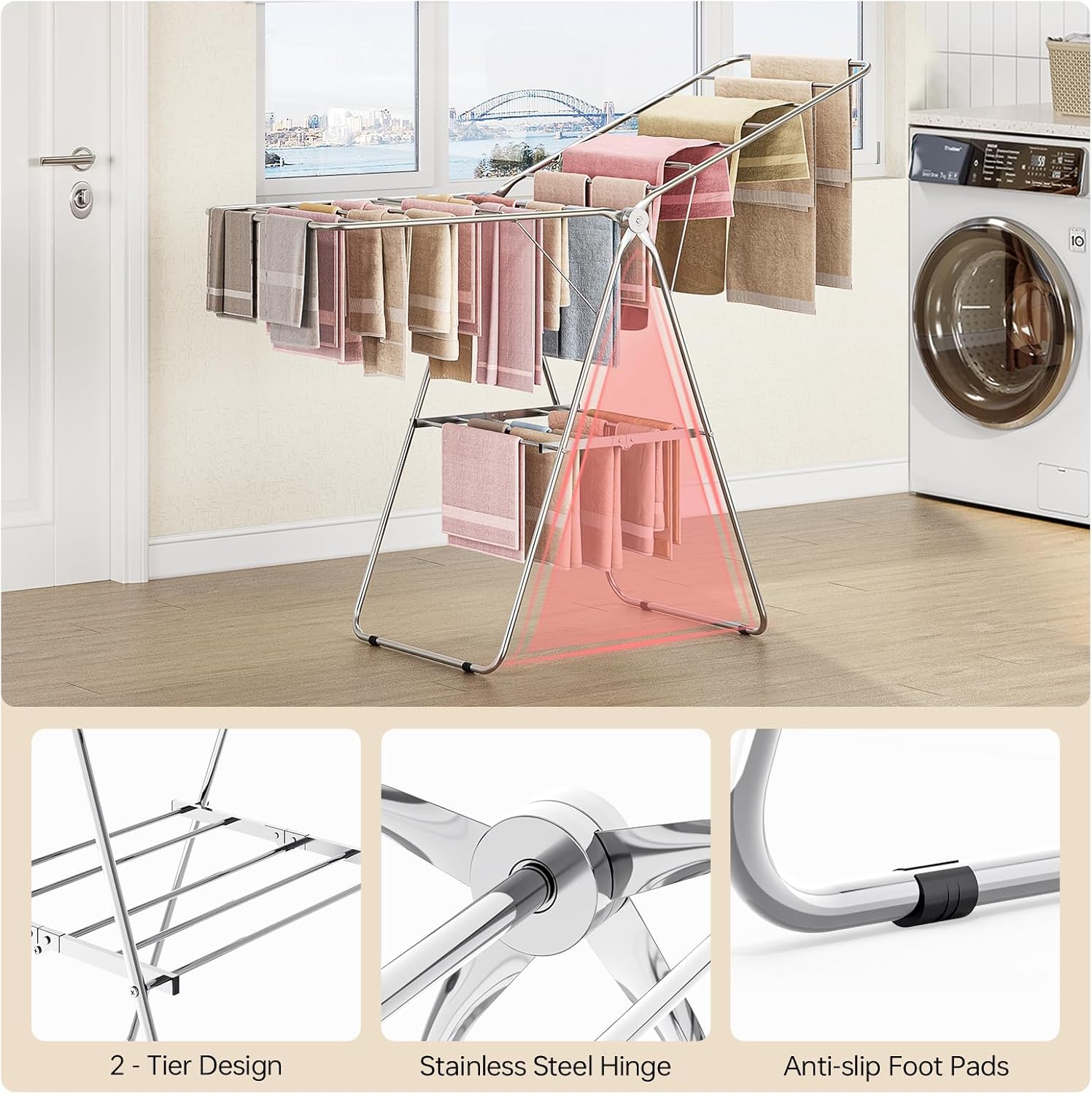 APEXCHASER Clothes Drying Rack Folding - Stainless Steel Drying Rack Clothing Height-Adjustable, Foldable Laundry Rack, Space-Saving, Collapsible for Indoor Outdoor Use for Clothe, Towels, Chrome