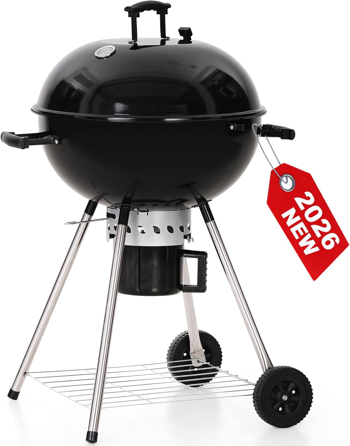 GREEN PARTY 22 inch Kettle Charcoal BBQ Grill with Wheels, Portable Charcoal Grill with Porcelain-Enameled Lid & Ash Catcher for Outdoor Cooking Barbecue Camping Picnics Tailgating, Black