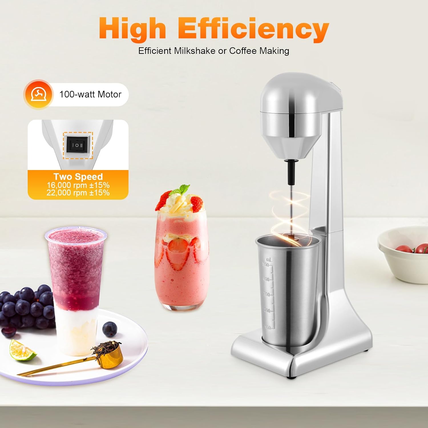 Milk Shake Machines, Ice Cream Blender with 2 Speeds, Household Commercial Drink Mixer with 450ml Abs Cup and 500ml Stainless Steel Cup (Silver)