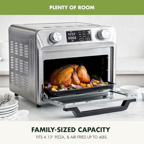 GreenPan Bistro Stainless Steel 9-in-1 Air Fry Oven, Nonstick Baking Pan, Stainless Steel Rack, and Basket, Fast Heating, Multifunction Presets, Cool-Touch Handle, PFAS-Free, Easy Cleanup Crumb Tray
