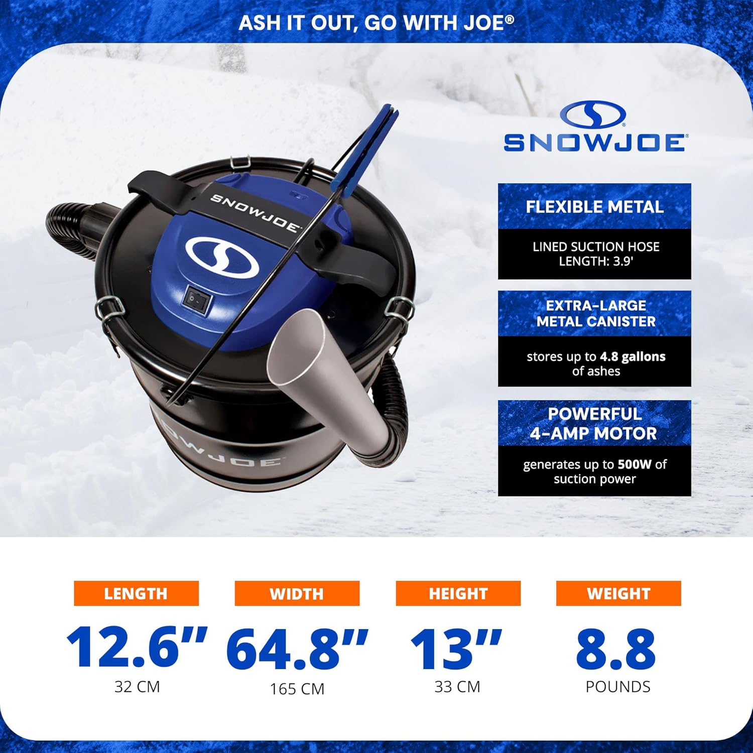 Snow Joe Bagless Ash Vacuum Cleaner Machine, Metal Canister with Hose and Filter, 4.8 Gallon, 4-Amp Motor - Vacuuming and Cleaning Equipment for Home, Garage and Outdoor Spaces, ASHJ201