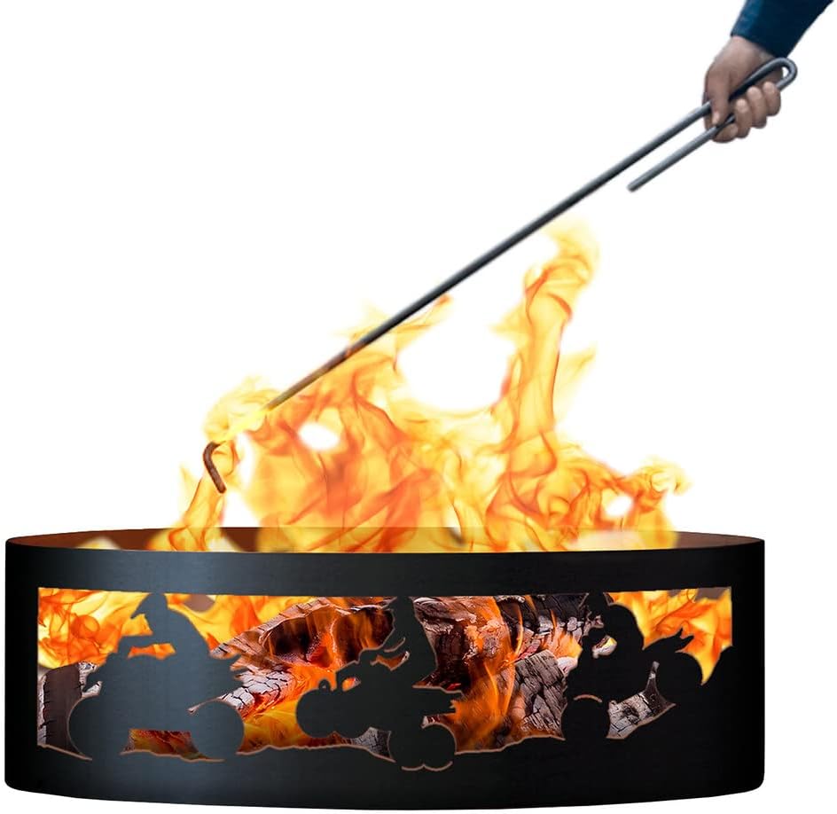PD Metals ATV01330-FP ATV 4-Wheeler Unpainted 12 in. Tall 30 in. Diameter Outdoor Fire Ring with Fire Poker - 30 x 30 x 12 in. - Rustic Black Color