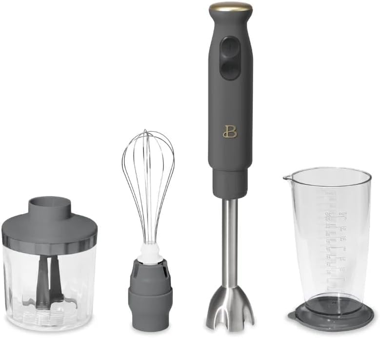 Beautiful 2-Speed Immersion Blender with Chopper & Measuring Cup, Stainless Steel Shaft, Quiet 250W Motor, Cornflower Blue Finish, Dishwasher Safe, Includes Whisk & 24 oz Beaker (Oyster Gray)