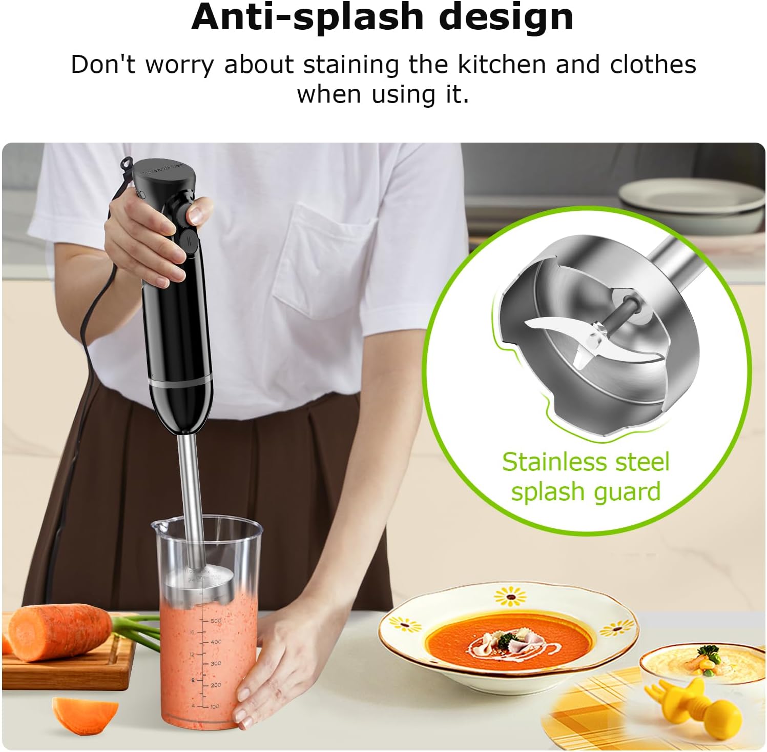 Bonsenkitchen Hand Blender, Immersion Blender with 2 Mixing Speed, Electric Handheld Mixer Portable Stick Mixer with Stainless Steel Blades for Soup, Smoothie, Puree, Baby Food