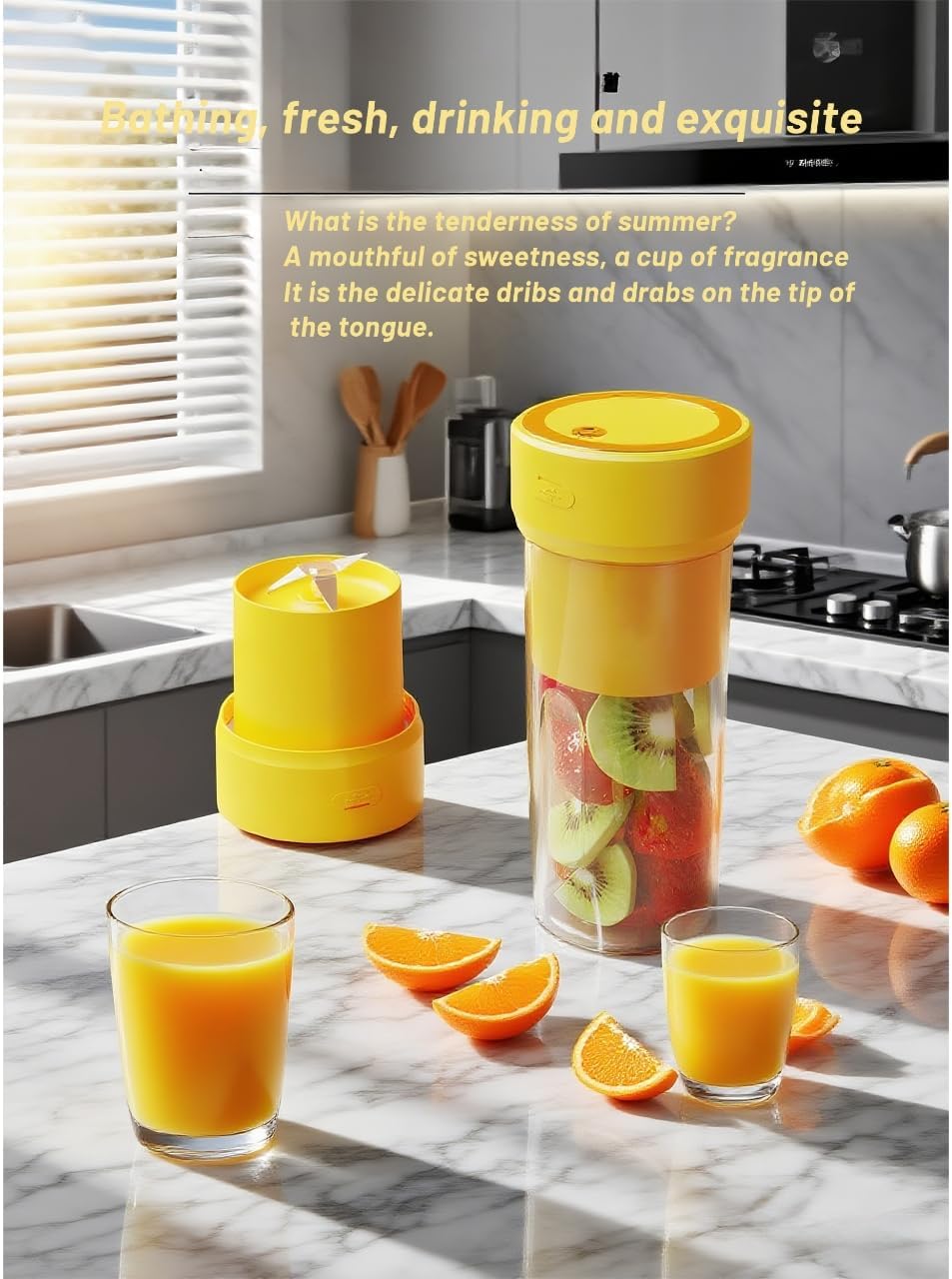 Portable Electric Juicer Cup, Wireless Rechargeable Blender with 4-Blade Design, Food Grade PP Material, Yellow (Orange yellow)