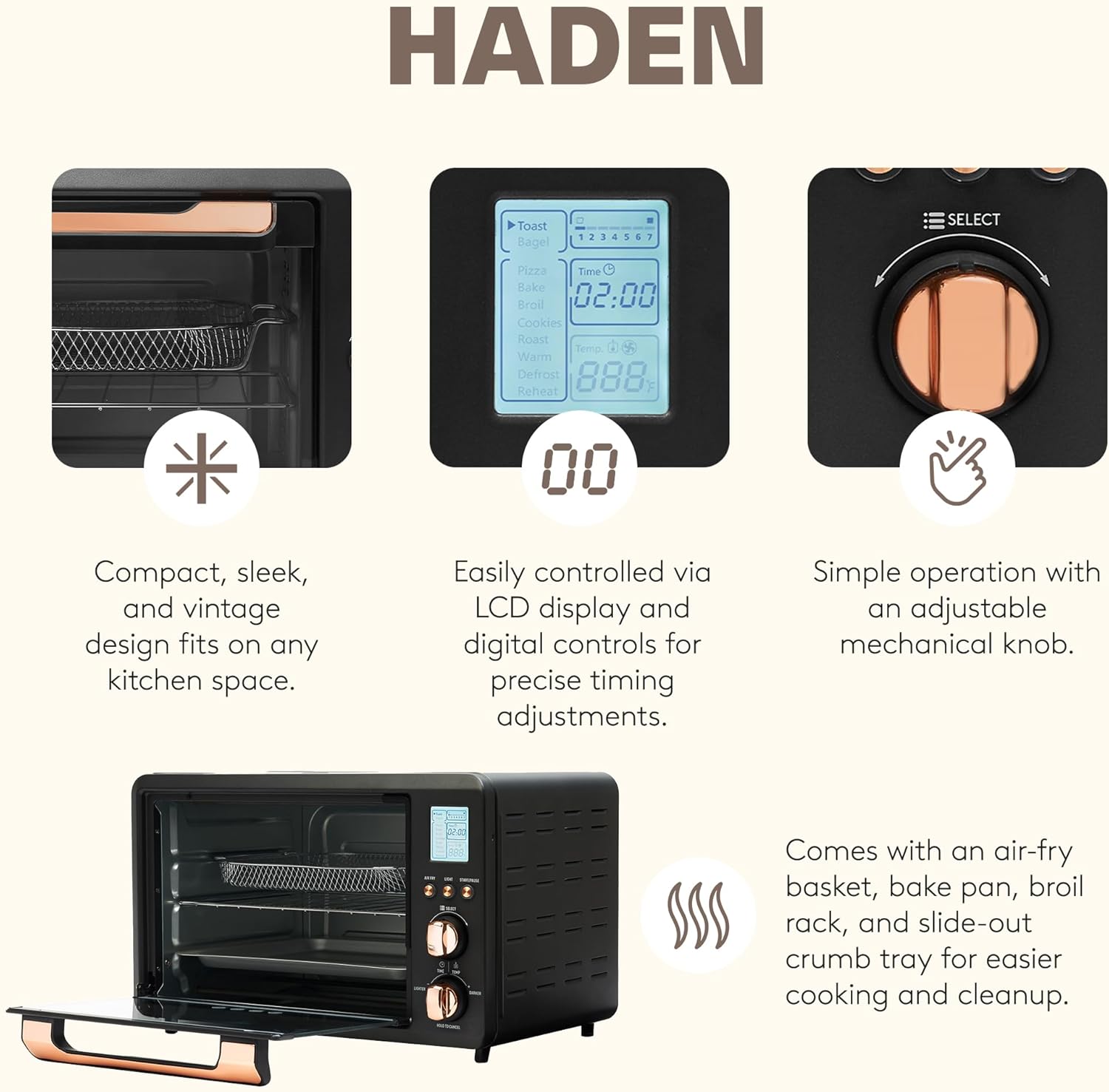 Haden Countertop 6 Slice Toaster Oven Air Fryer Combo for Kitchen, Black/Copper