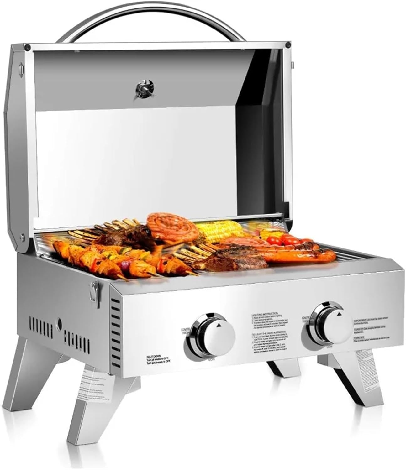 Portable Fit For GAS Grill with 2 Burner, Max. 20,000 BTU total, Folding Legs, Built-in Thermometer, Travel Locks, Stainless