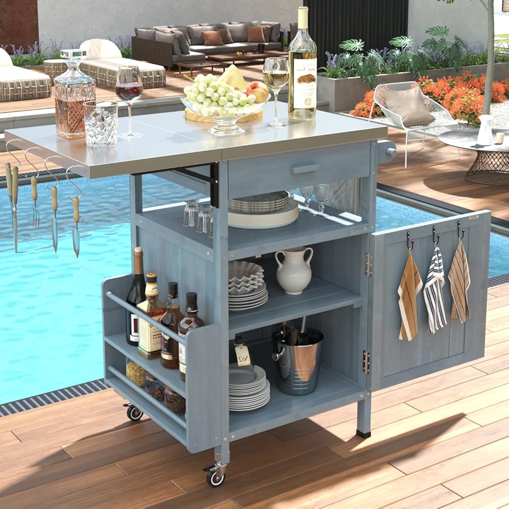 Merax Outdoor Grill Cart with Storage, Patio Kitchen Island Outdoor Grill Table with Lockable Wheels, BBQ Cart Movable Pizza Oven Table Stand with Foldable Tabletop, Blue+Grey