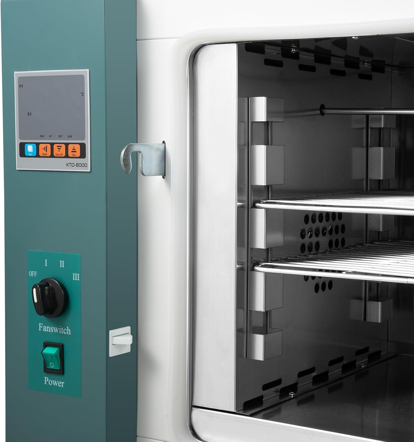 Electric Blast Drying Oven, 45L/12Gal Capacity, Temperature Range RT+10°C to 300°C,for Industrial Laboratory Pharmaceutical UsWhite and Green