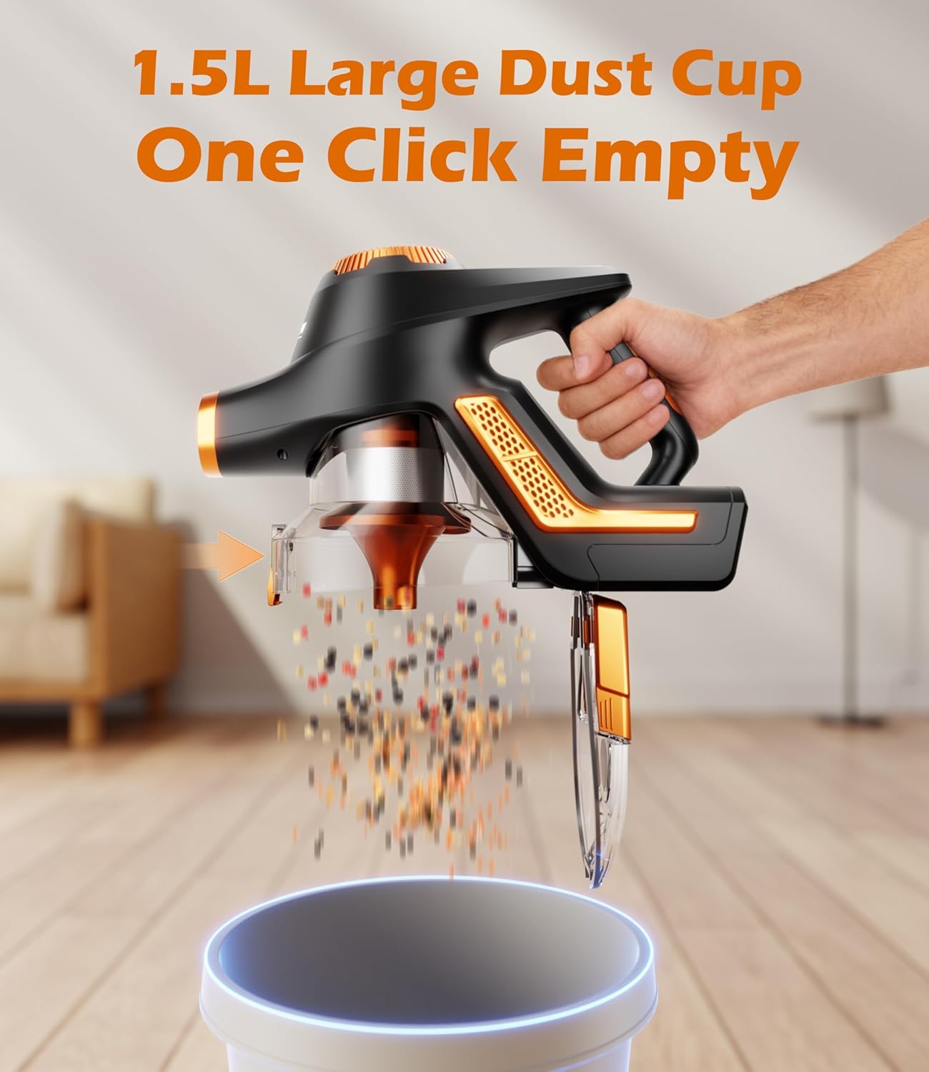 Cordless Vacuum Cleaner for Home, 45Kpa Stick Vacuum, Max 80mins Runtime, 1.5L Dust Cup, Rechargeable Lightweight Handheld Vacuum for Carpet/Hardwood Floor/Pet Hair/Car (Sunset Orange)