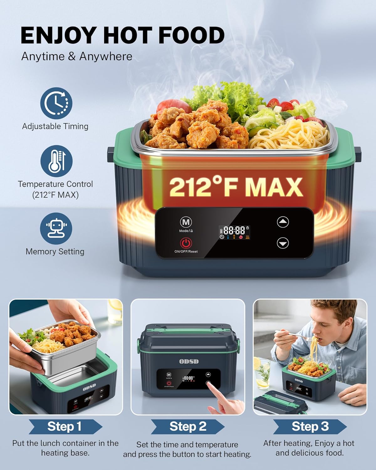 ODSD Cordless Electric Lunch Box for Adults, Heated Lunch Box with 130min Battery Life, Self-Heating Portable Electric Food Warmer with 1.2L Container for Truck, Office, or Outdoor Worksite